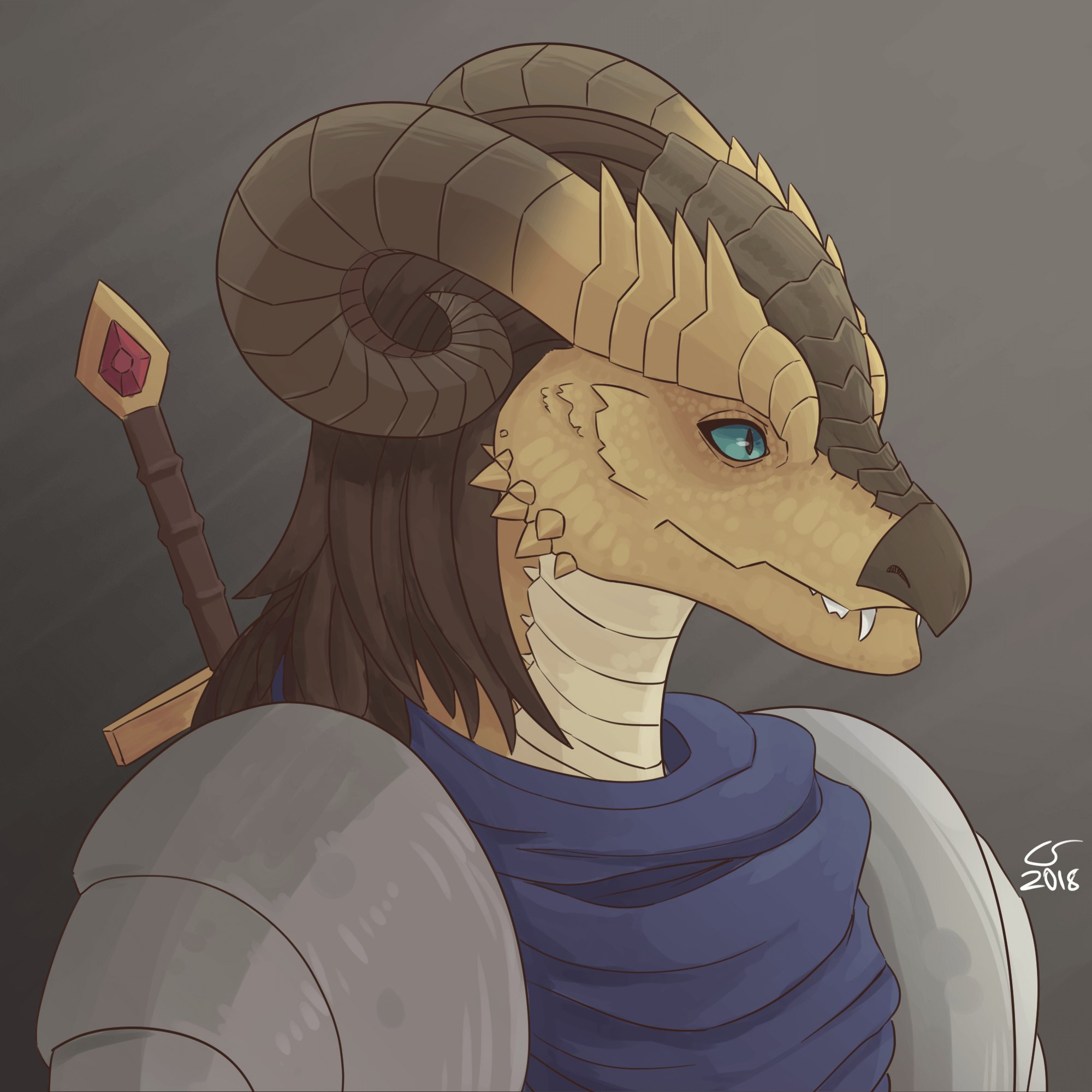 portrait of an armored dragonborn with curved horns and hair-like spines