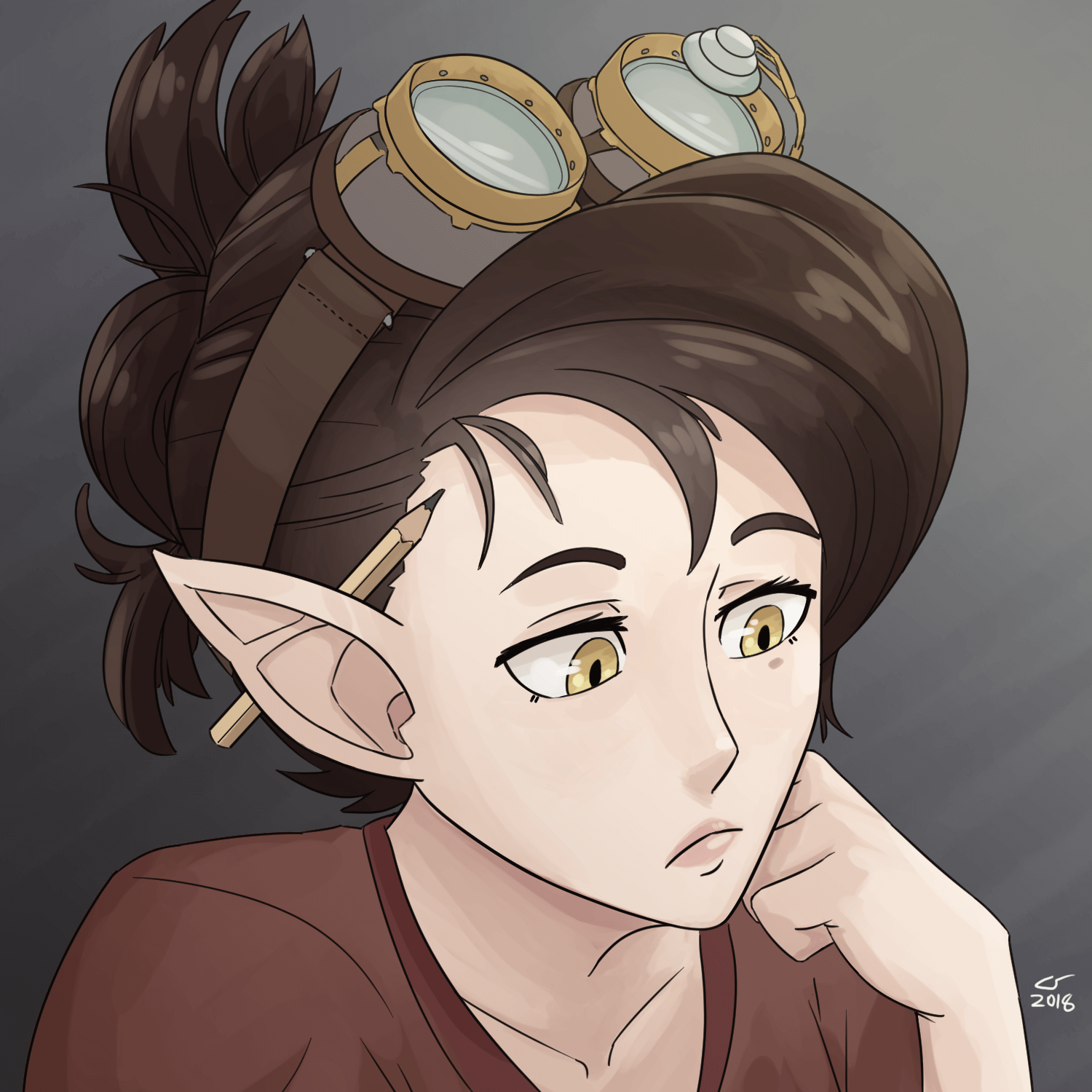 portrait of a thoughtful-looking elven woman wearing goggles. She has a pencil behind her ear.