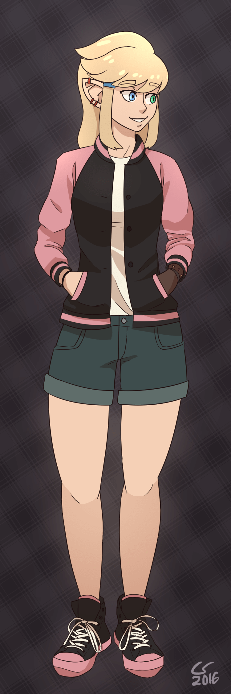 Full-body portrait of Caelle wearing a black and pink bomber jacket. The date at the bottom reads '2016', but it shouldn't.