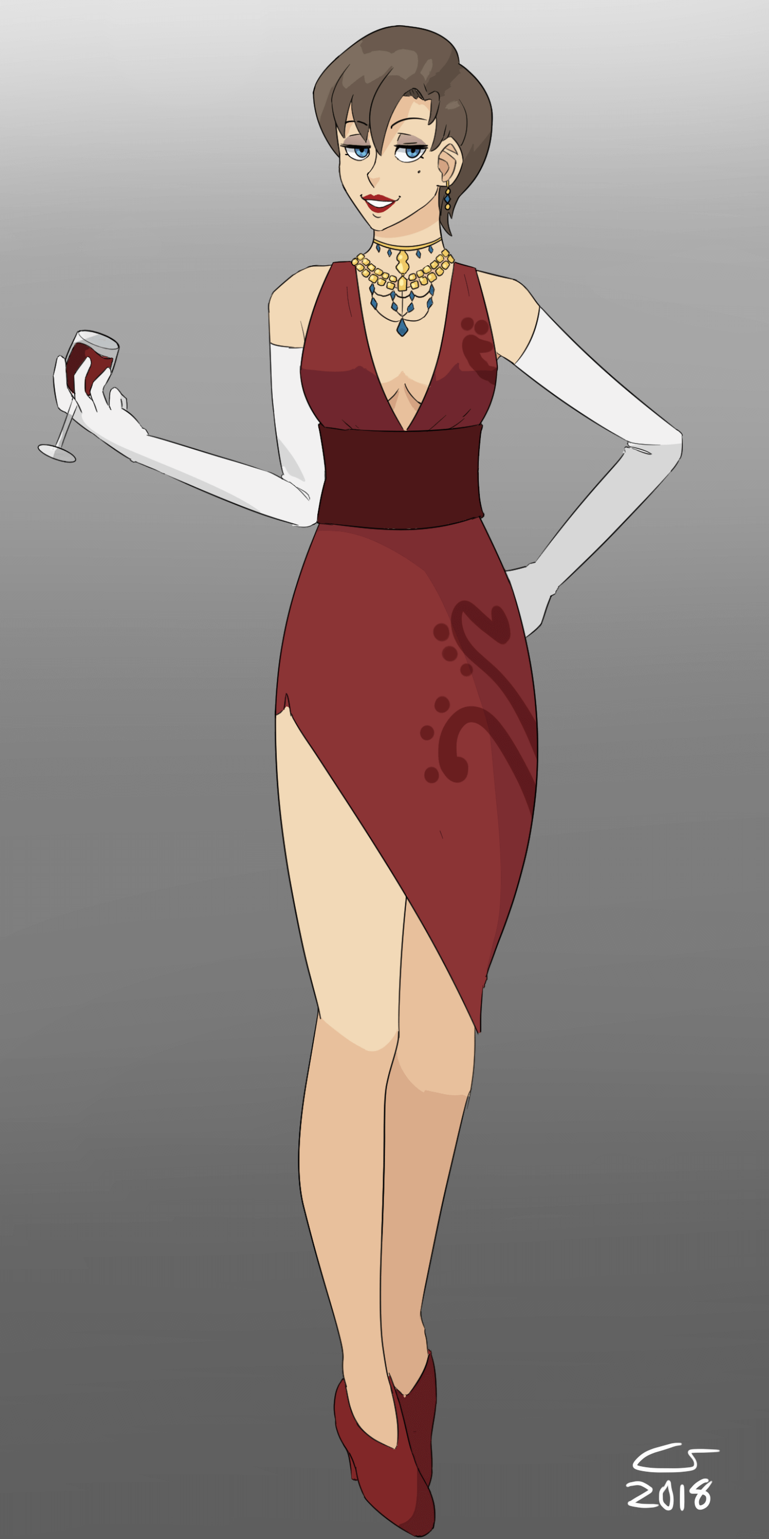 Full-body portrait of Claire. She has a glass of wine.