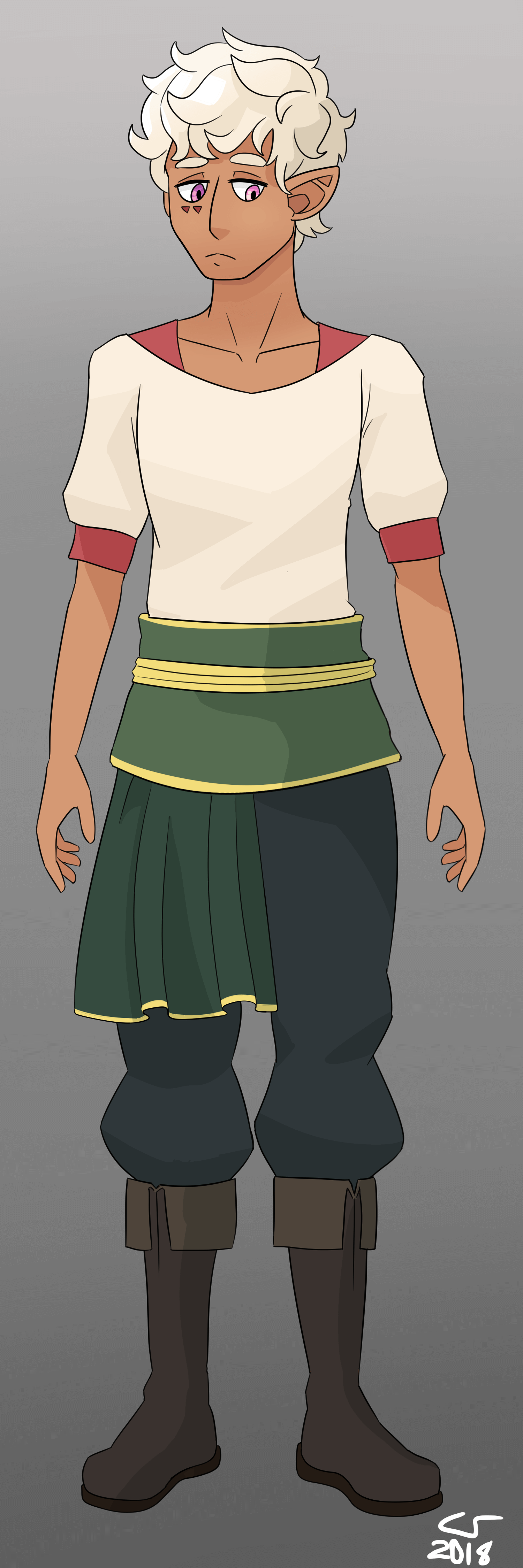 Full-body portrait of Cosmo looking not quite like himself. I hadn't settled on his design yet.