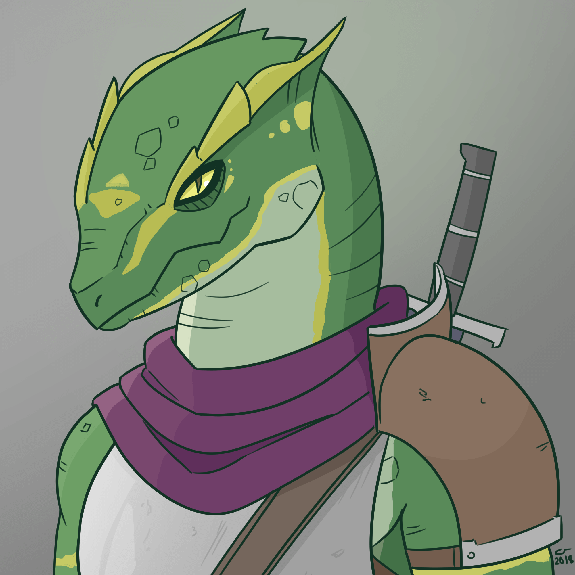 Portrait of a dragonborn warrior wearing a scarf