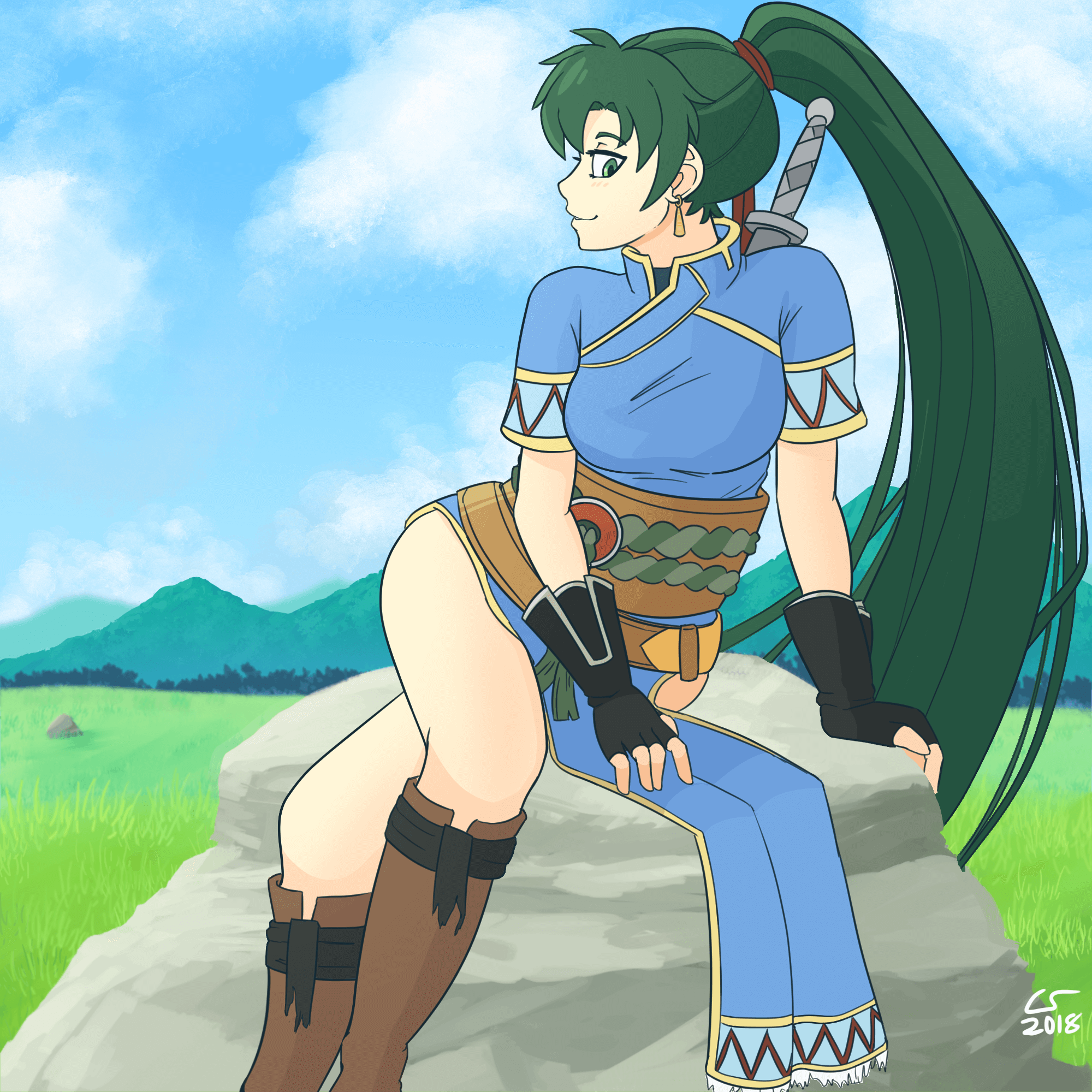 Illustration of Lyn from Fire Emblem sitting on a rock