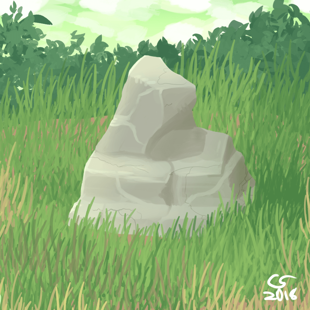 painting of a rock and some grass.