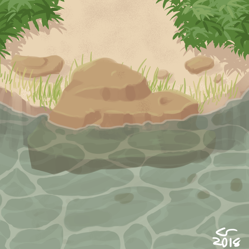 Painting of a rock in shallow water