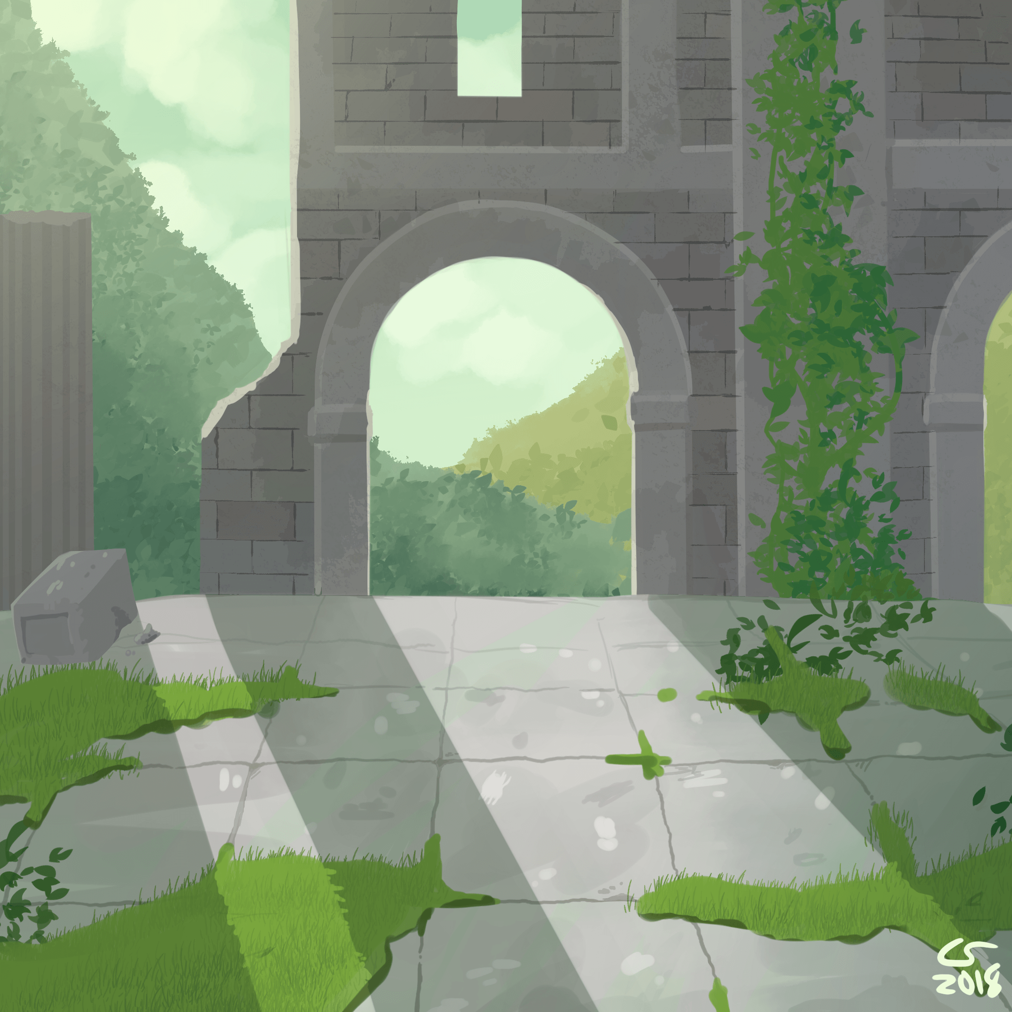 Painting of a crumbling, overgrown ruin