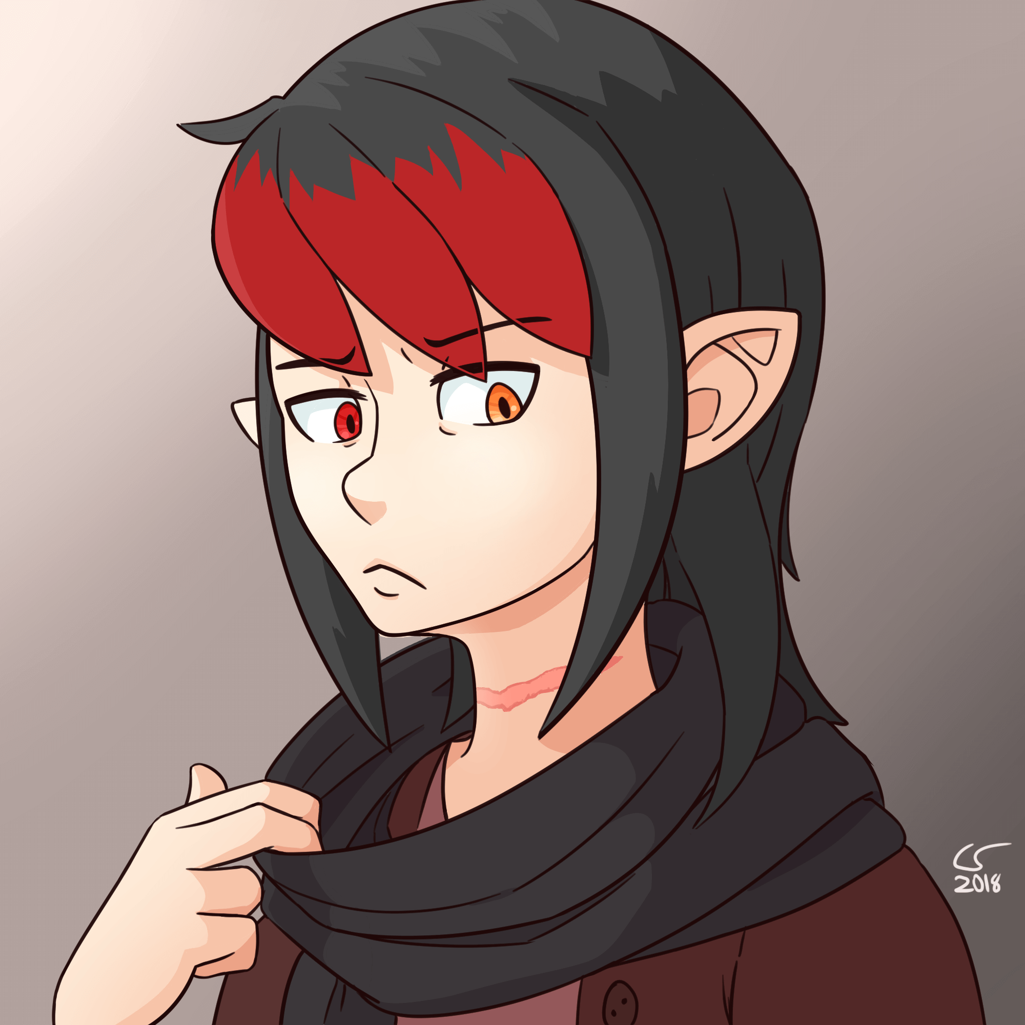 Portrait of Vae glaring and pulling her scarf aside to reveal the scar on her throat