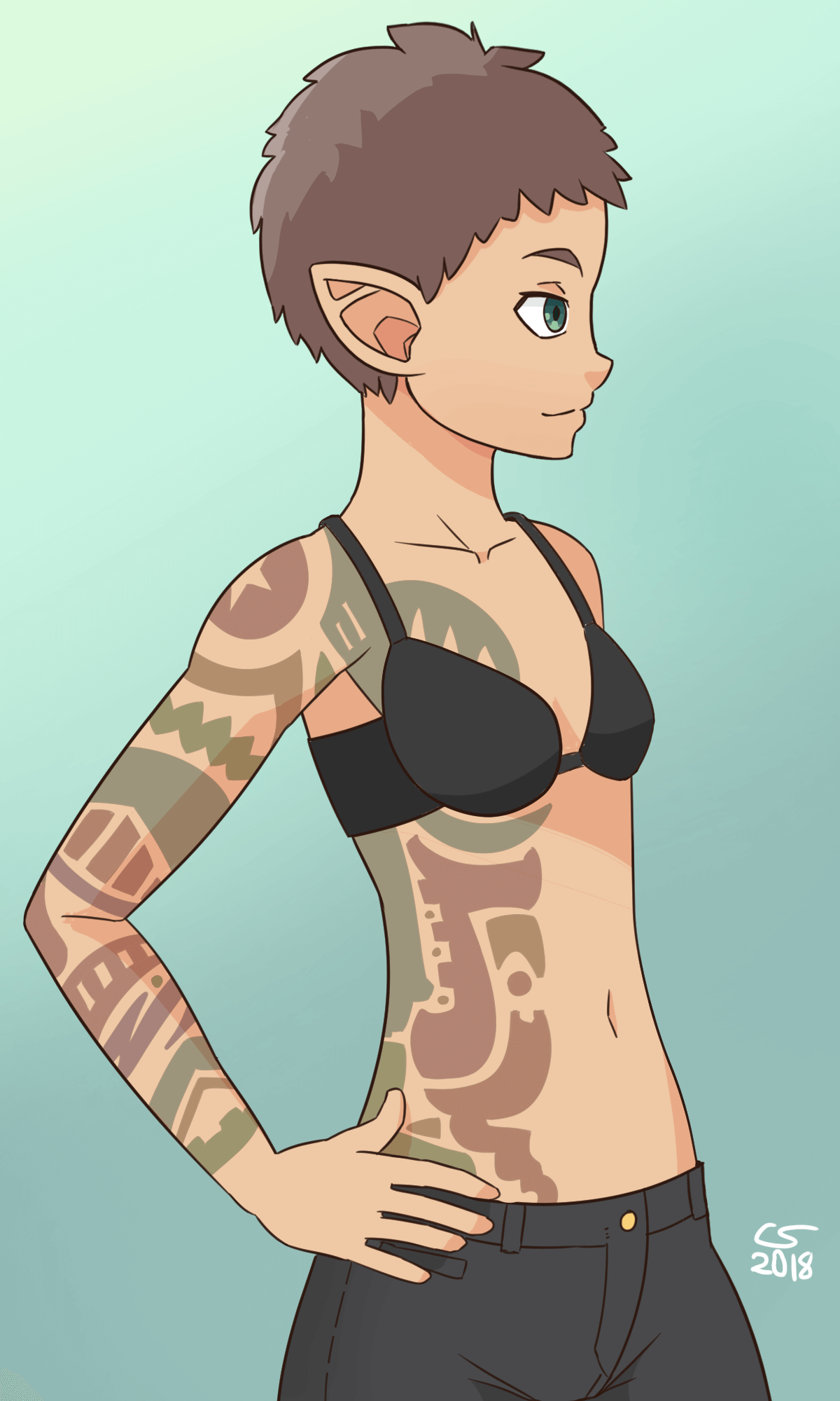 Portrait of Claire's wife showing off her tattoos