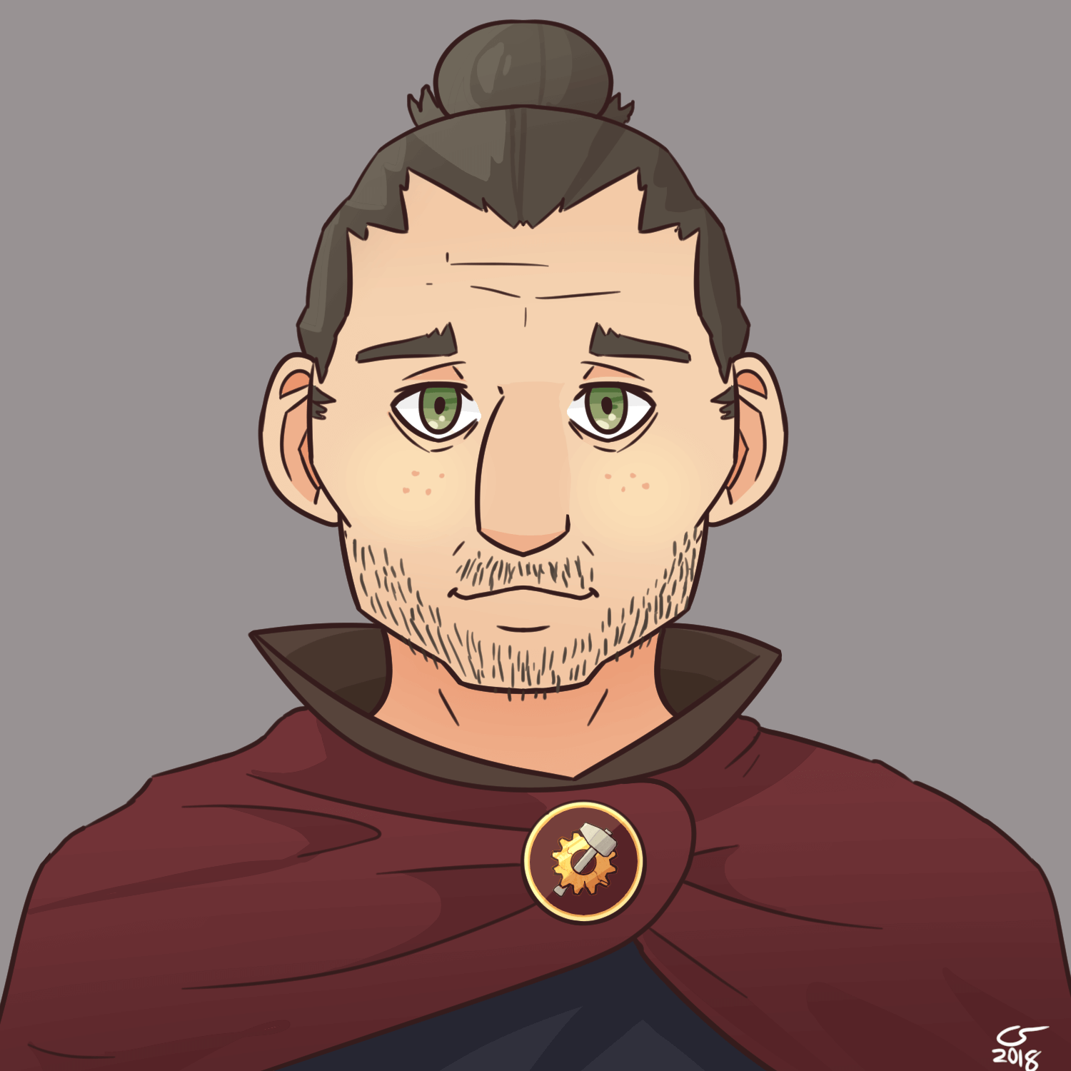 Portrait of a dwarven man with his hair in a bun