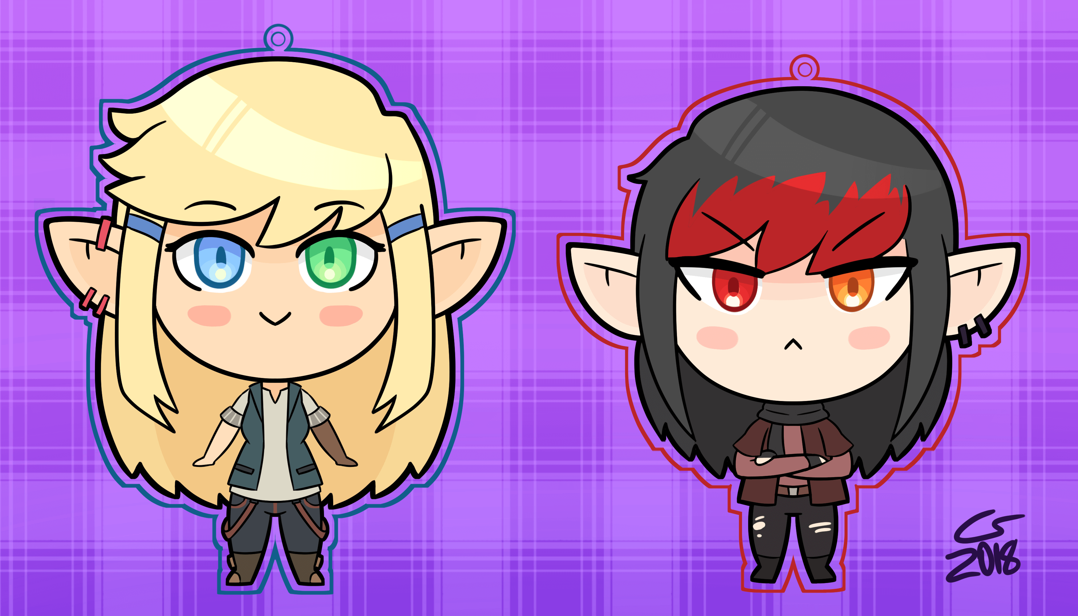 Illustration of Vae and Caelle as chibi acrylic charms