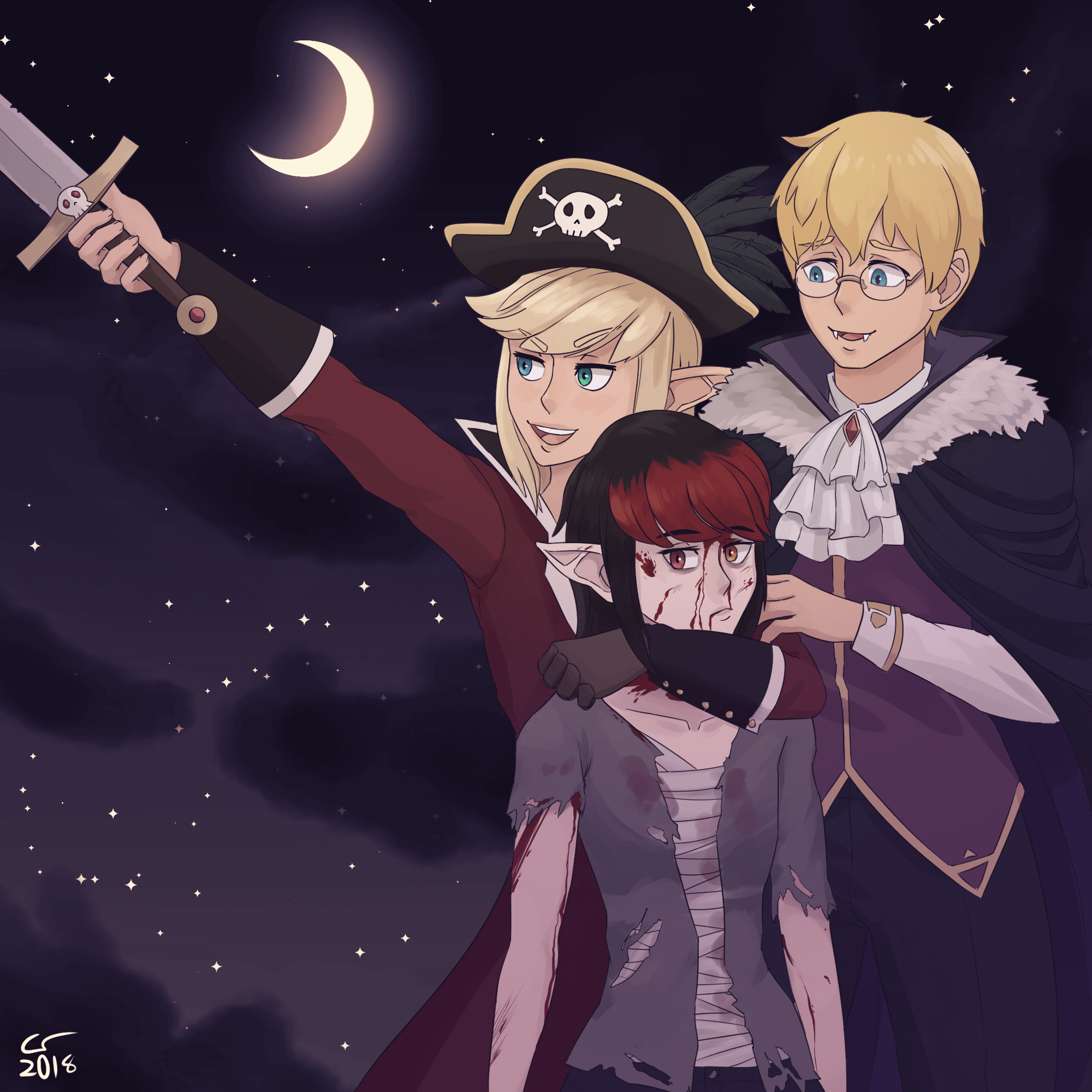 Illustration of Caelle, Vae, and Isaac dressed up for halloween. They're dressed as a pirate, a corpse, and a vampire, respectively.