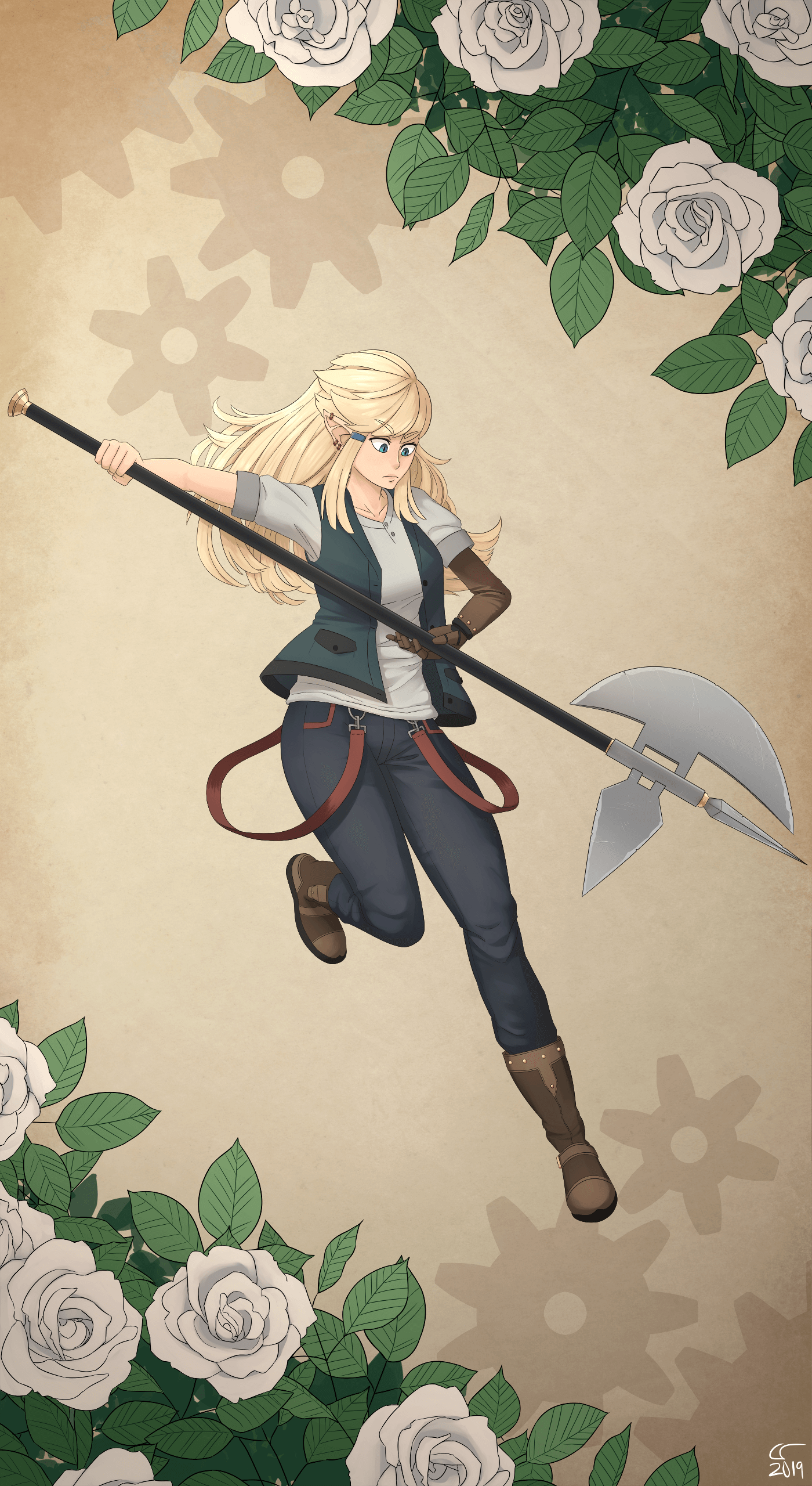 Caelle wielding a halberd in an attack pose. She's framed by a background of gears and white roses.