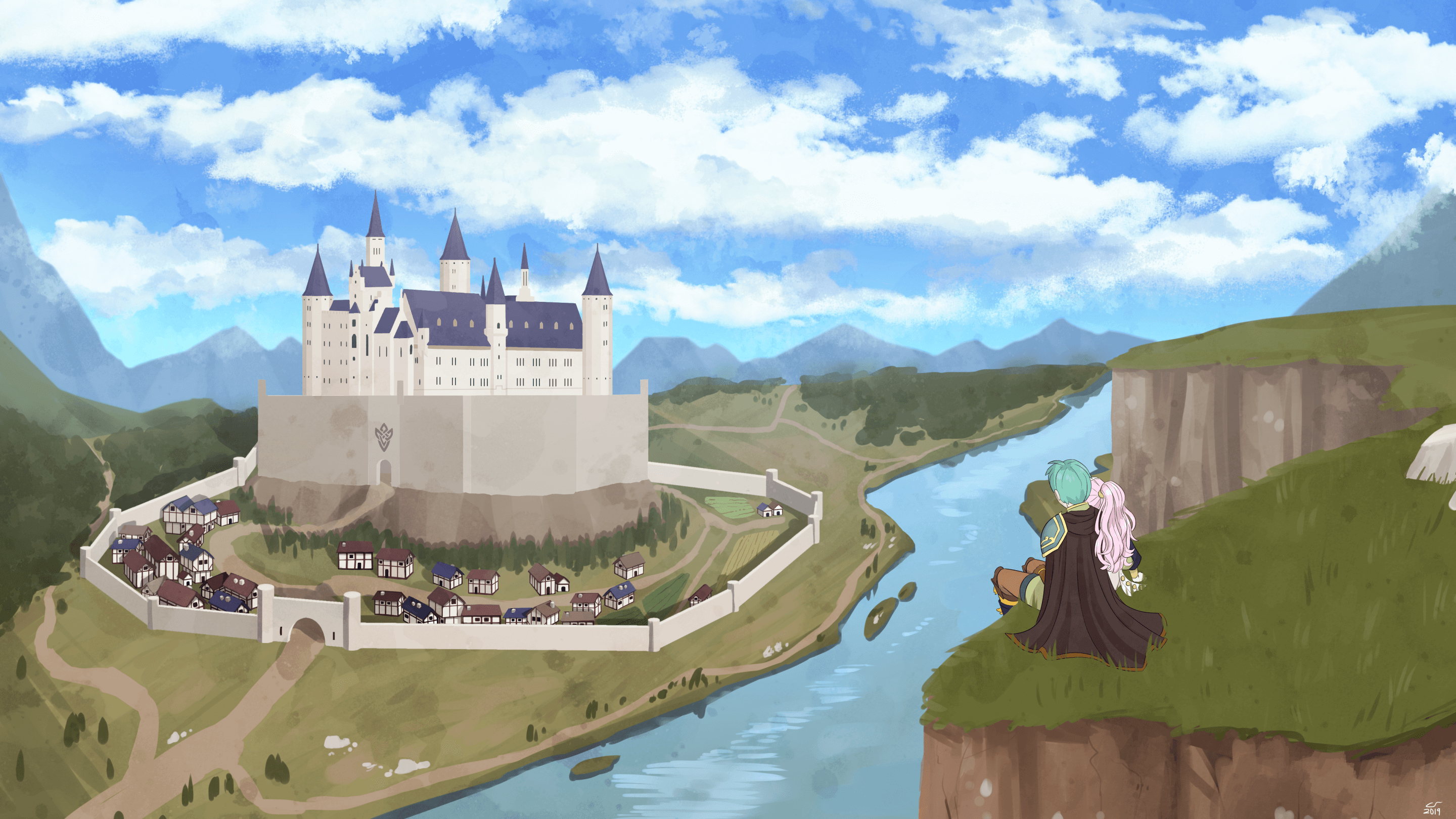 Wide, sweeping illustration of Ephraim and Olivia from fire emblem sitting on a cliff overlooking a distant castle and surrounding town.