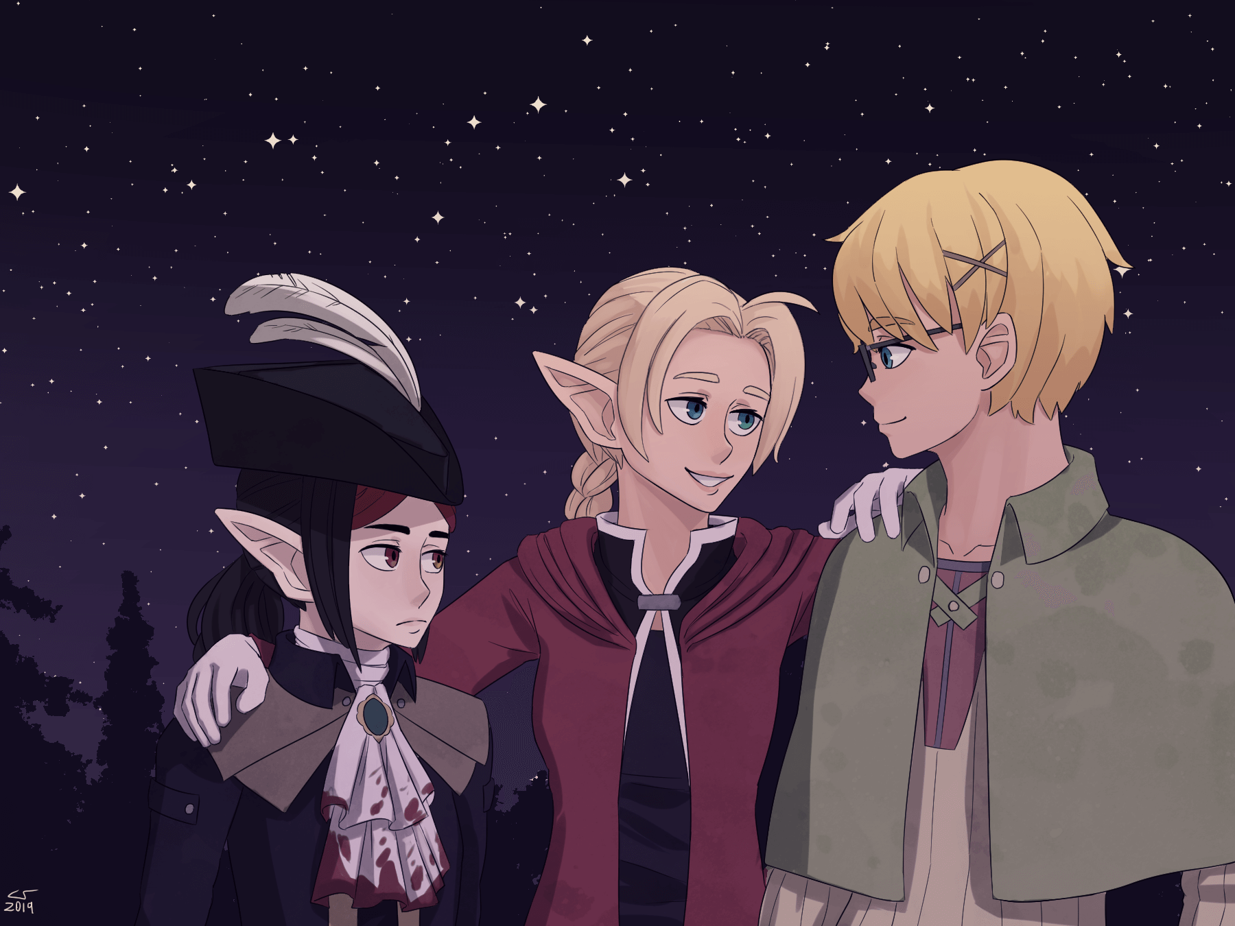 Vae, Caelle, and Isaac dressed up for Halloween. They're dressed as Lady Maria from Bloodborne, Edward Elric from Fullmetal Alchemist, and Kiel from Rune Factory 3, respectively.