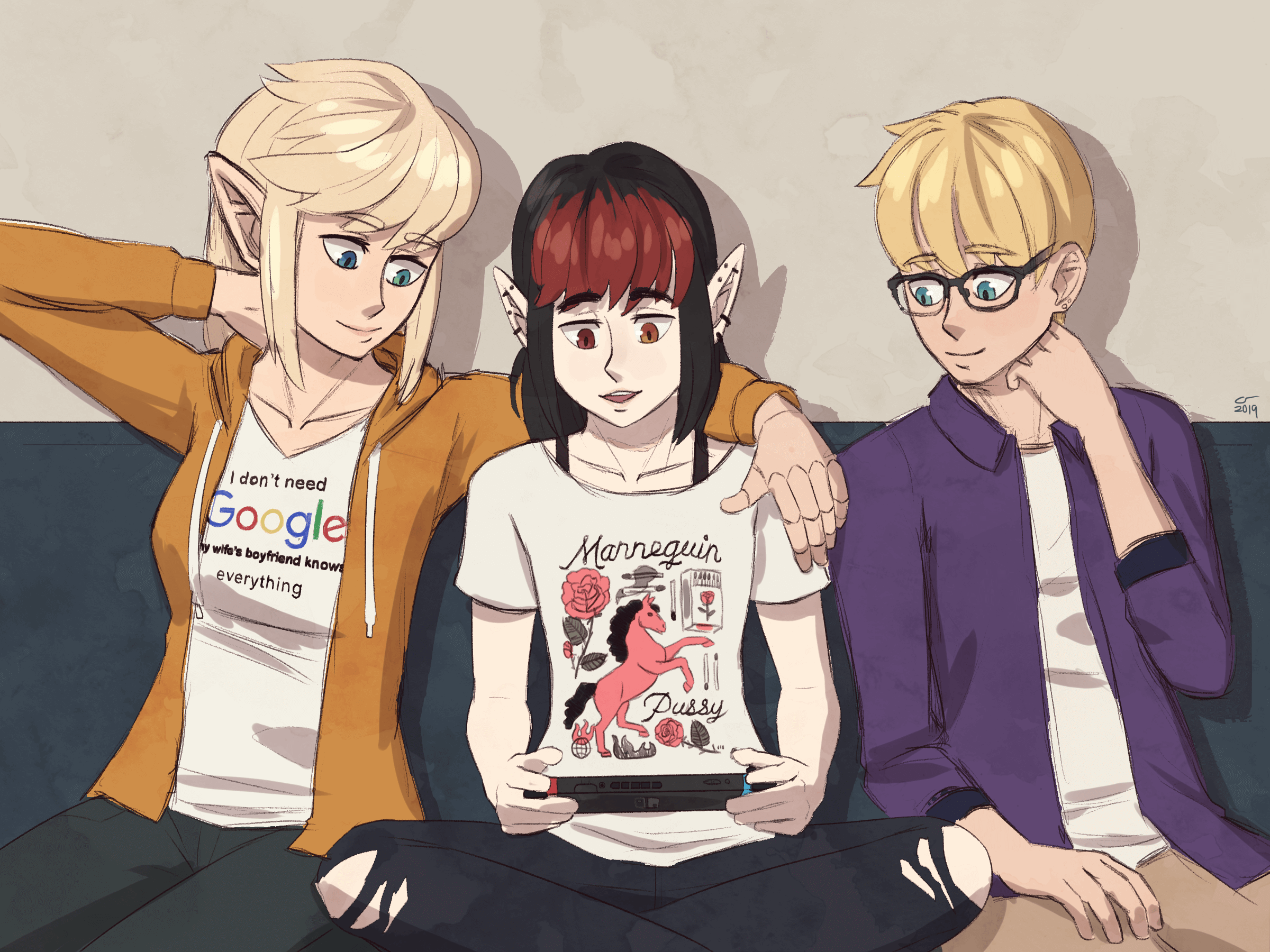 colored sketch of Caelle, Isaac, andd Vae playing video games on the couch.