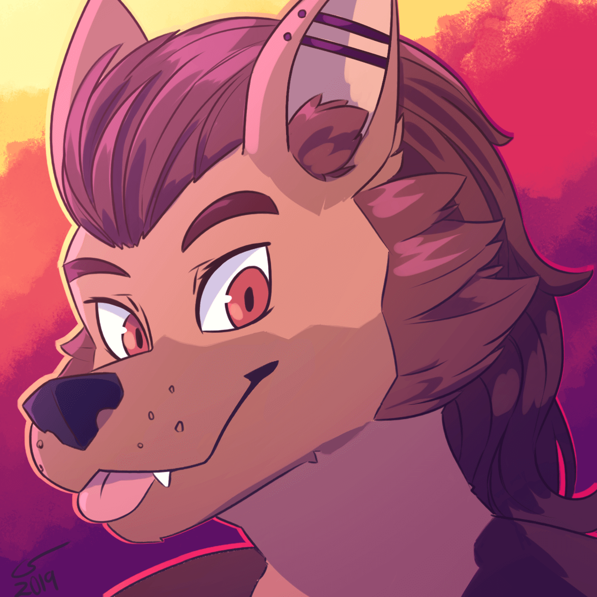 Colorful portrait of a friendly-looking anthropomorphic wolf with their tongue out.