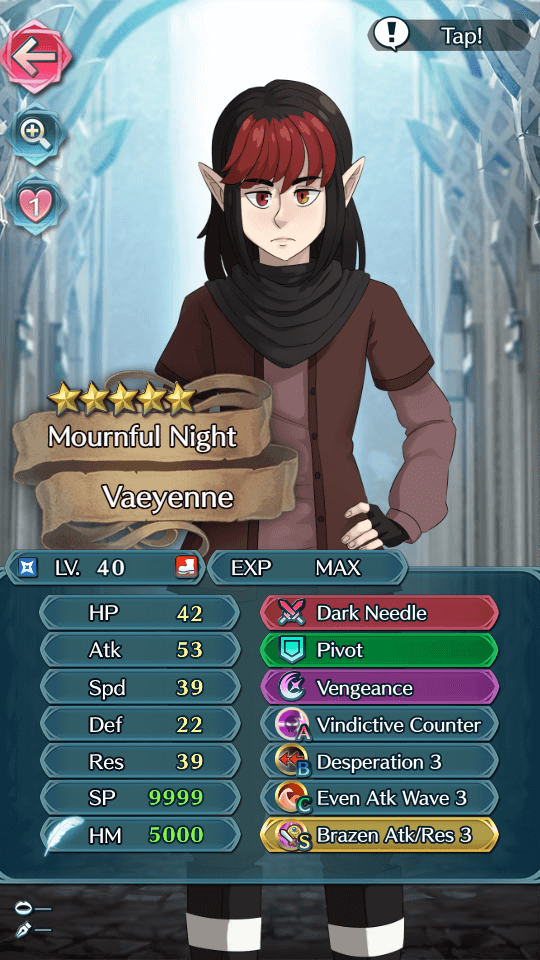 The stats and abilities Vae would have if she were a unit in Fire Emblem Heroes. She's a bit overpowered, but not so much that she would be out of place among other strong units in that game.