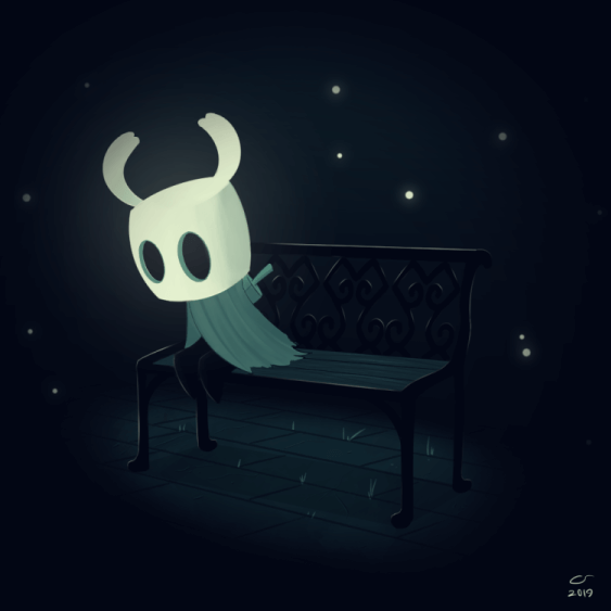 Tranquil illustration of the protagonist of Hollow Knight sitting on a bench in the dark.