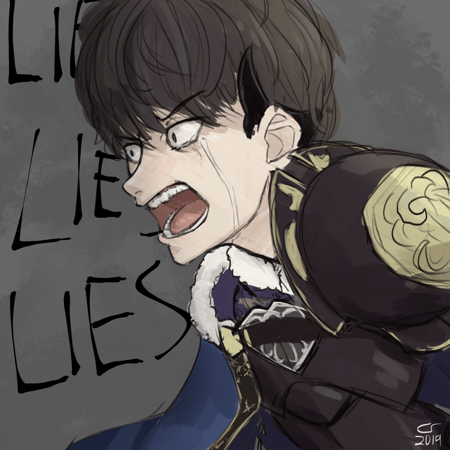 colored sketch of Berkut from Fire Emblem: Shadows of Valentia screaming 'lies, lies, lies!'