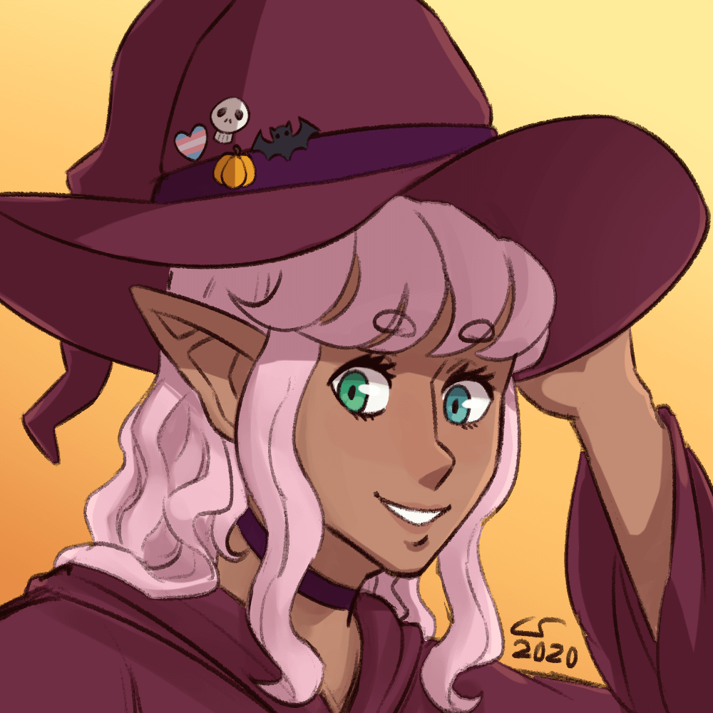 Portrait of Shen wearing a cute, plum-colored witch costume