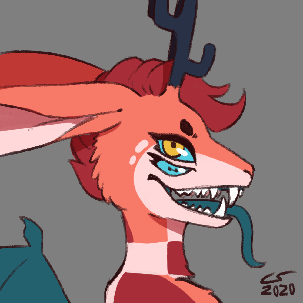 Colored sketch of an anthropomorphic character of indeterminate species. They have antlers, long, floppy rabbit ears, bat wings, a long tongue, sharp fangs, and an unusual number of eyes.