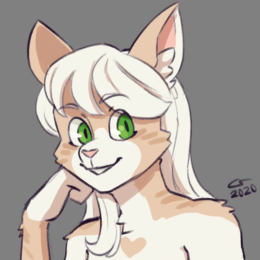 Colored sketch of an anthropomorphic cat with long hair.