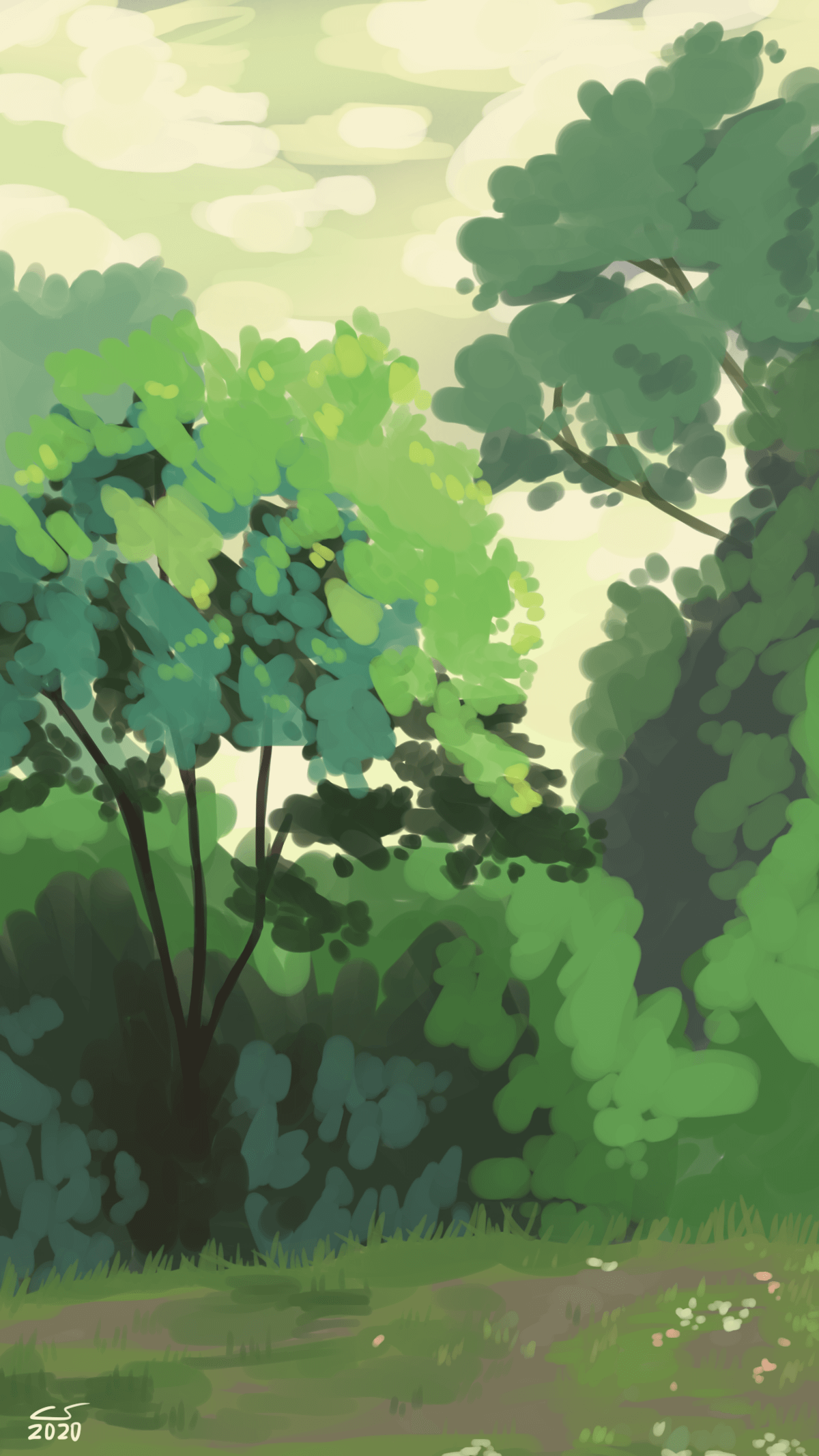 rough painting of some trees, bushes, and wildflowers