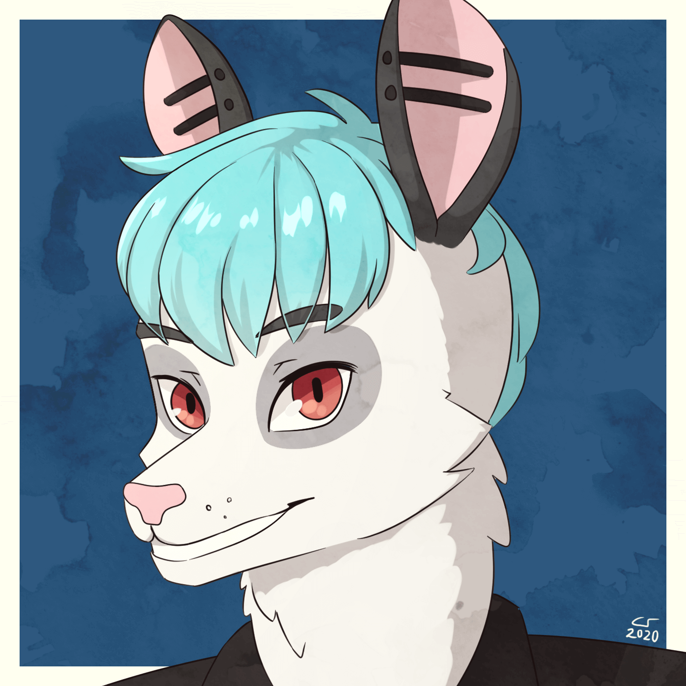 Portrait of an anthropomorphic possum with blue hair and pierced ears