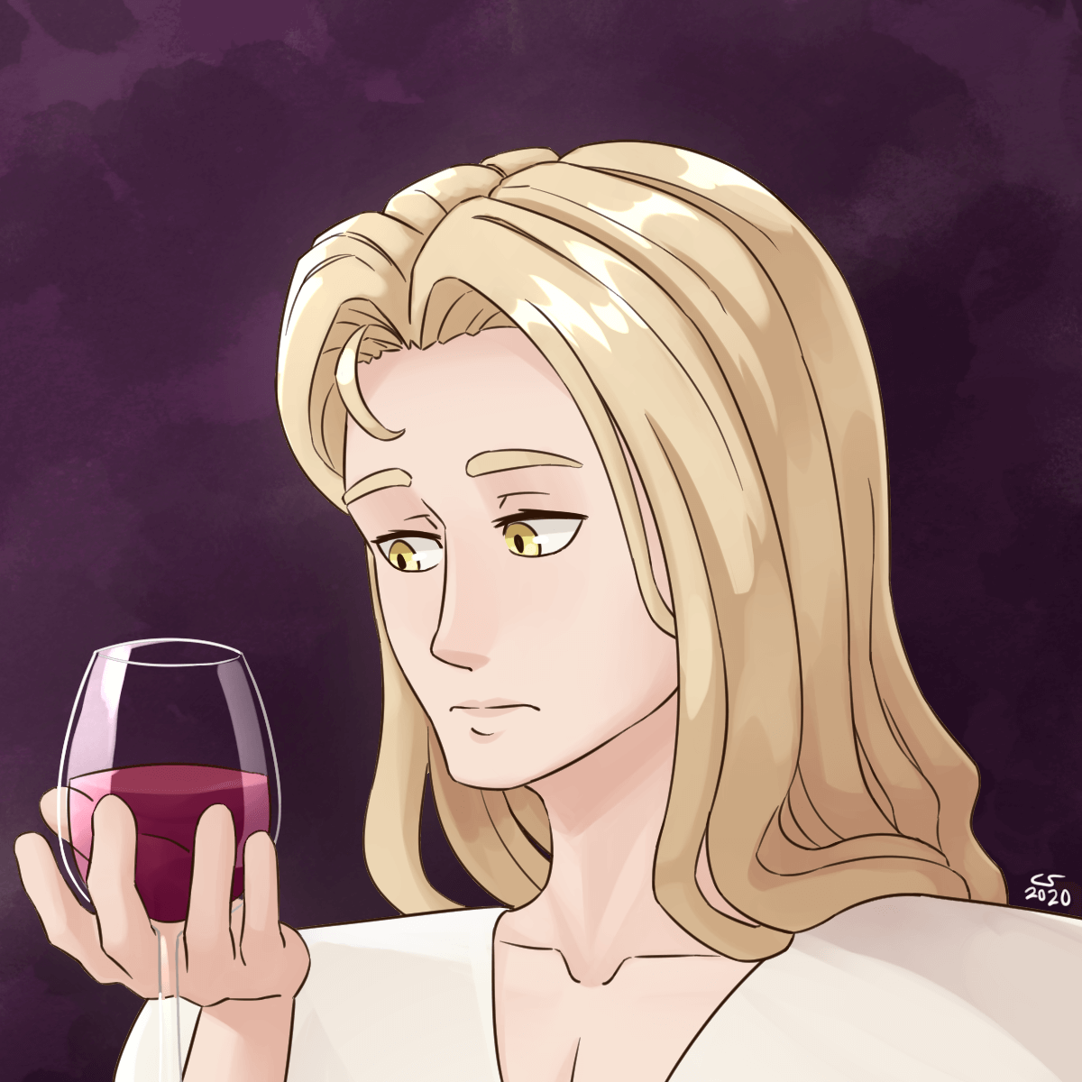 Portrait of Alucard from Castlevania staring thoughtfully into a glass of wine.