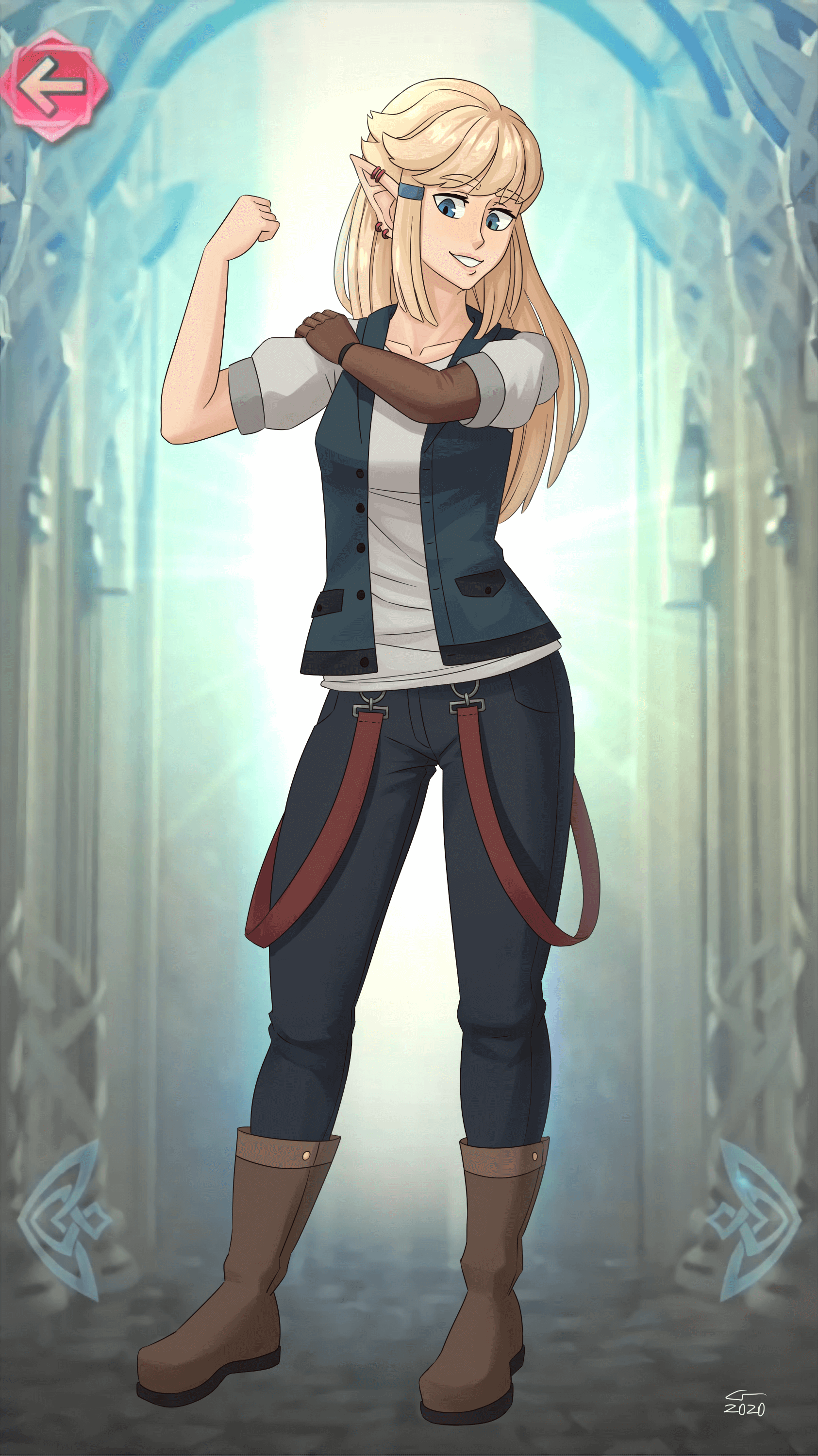 Full-body portrait of Caelle standing and flexing in front of the Fire Emblem Heroes UI as if she were a unit in that game.