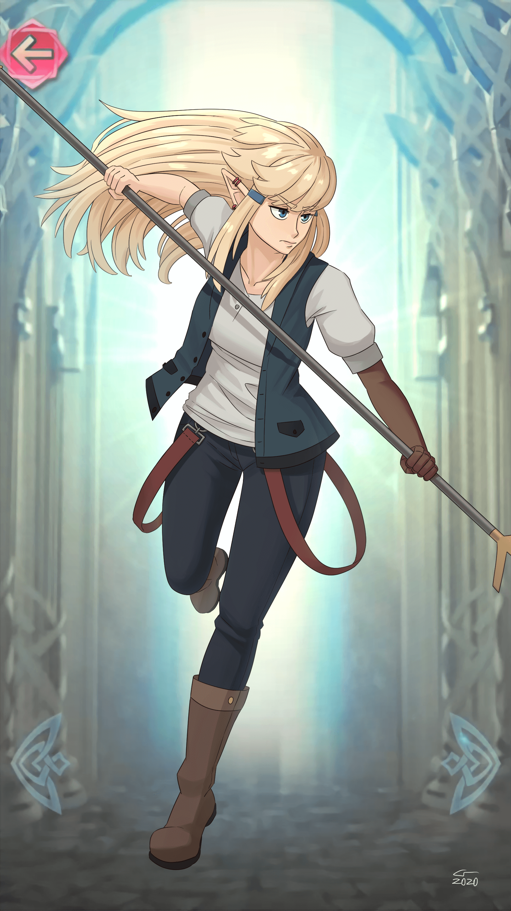 Portrait of Caelle wielding a spear in an attacking pose, in front of the Fire Emblem Heroes UI.