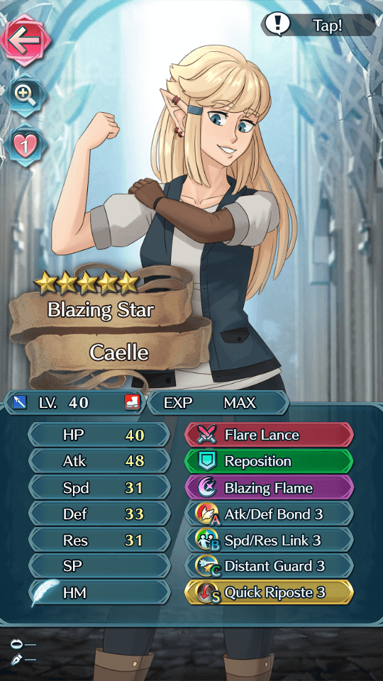 Caelle's stats if she were a unit in Fire Emblem heroes. She's a little overpowered, but no more overpowered than other strong units in that game.