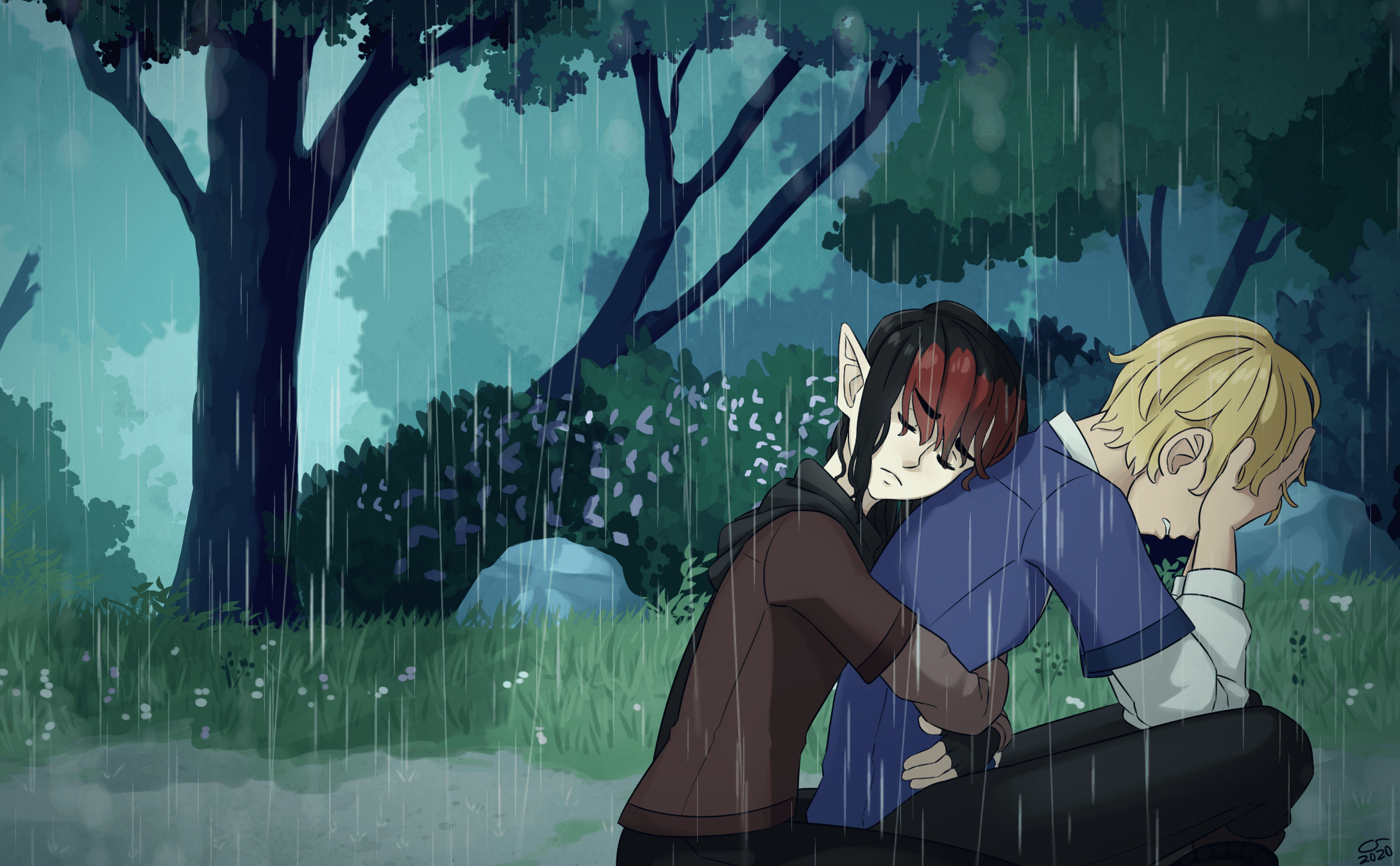 Moody illustration of Isaac and Vae sitting together in a forest in the rain. Isaac is crying with his head in his hands. Vae hugs him from behind, leaning her cheek against his back. They're both soaked from the rain.