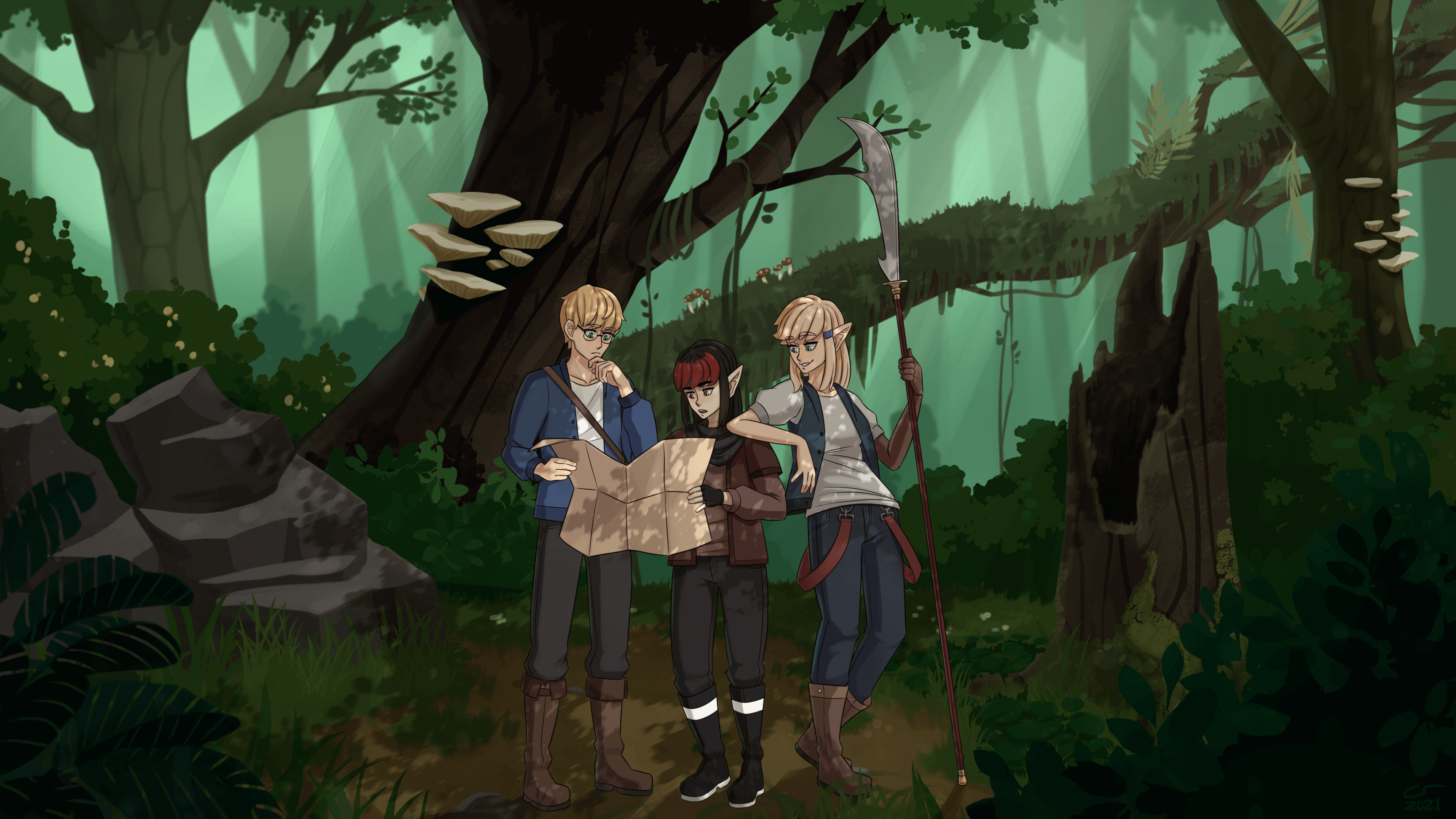 Illustration of Isaac, Vae, and Caelle in the middle of the forest, looking at a map. Isaac and Vae are talking and staring thoughtfully at the map, while Caelle is leaning on Vae and smiling casually, unbothered.