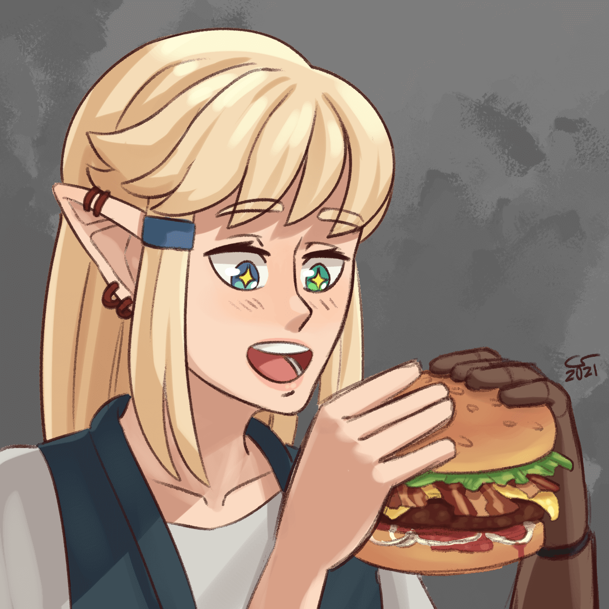 Caelle holding a delicious burger, looking really excited to bite into it