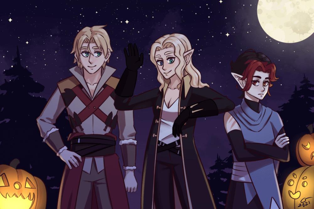 Illustration of Isaac, Caelle, and Vae dressed up as the protagonists of Castlevania for Halloween. They're dressed as Trevor, Alucard, and Sypha, respectively.