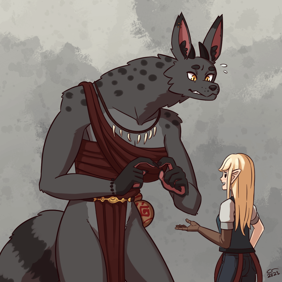 Caelle is talking to Jaera, a large, furry woman of indeterminate species. Jaera looks extremely anxious about this encounter, despite being easily four times Caelle's size.