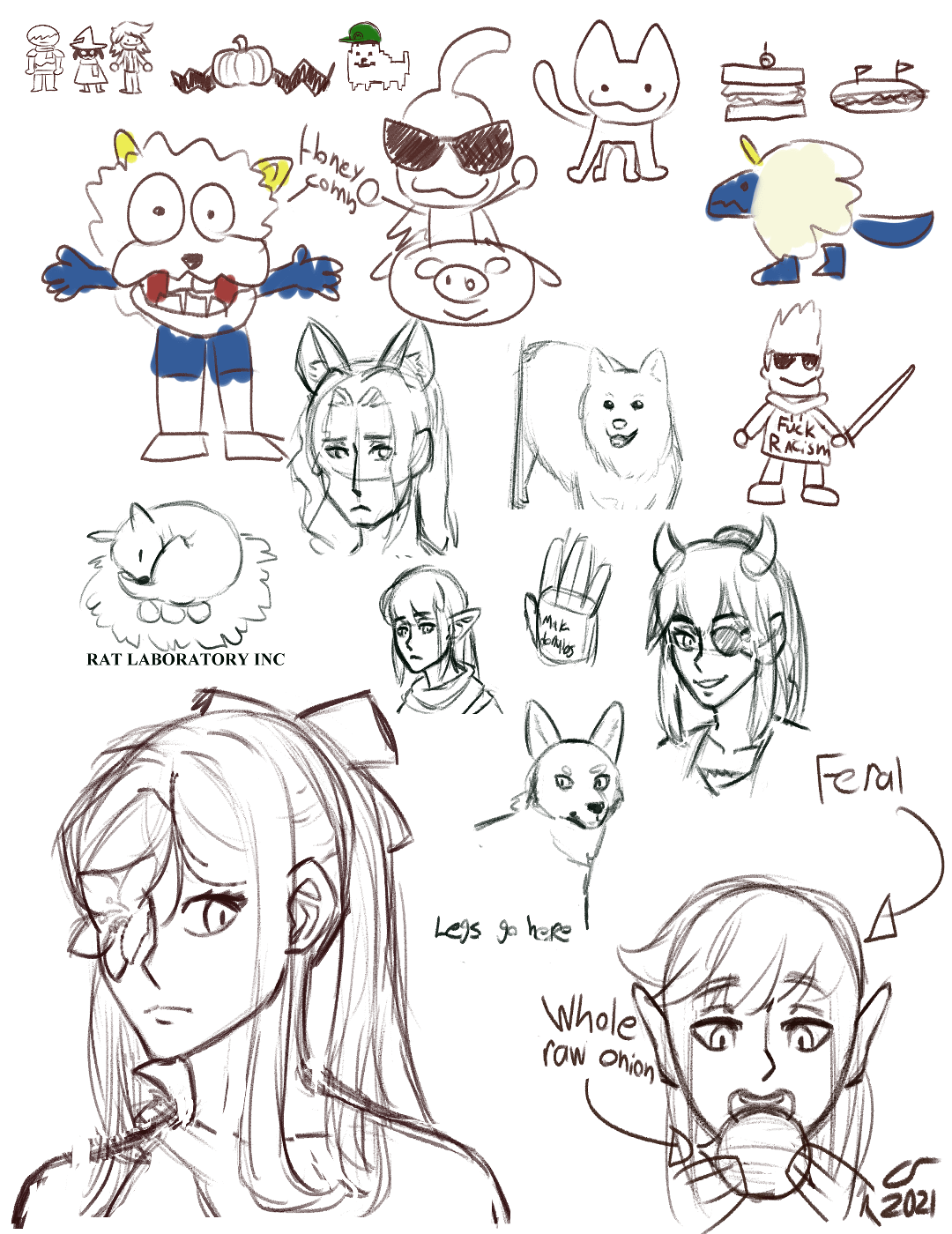 An assortment of sketches, including random video game characters, sandwiches, dogs, the honeycomb cereal mascot for some reason, and Caelle biting into a whole raw onion.