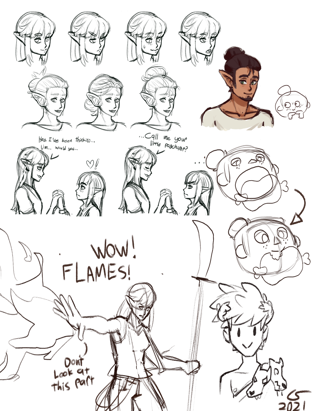 An assortment of sketches, including Caelle shooting flames out of her hand, Zagreus of Hades Fame, Caelle with different expressions, Vivian with different hairstyles, a colored sketch of Dulaen, and Caelle asking Vae to call her her 'little pogchamp', much to Vae's annoyance.