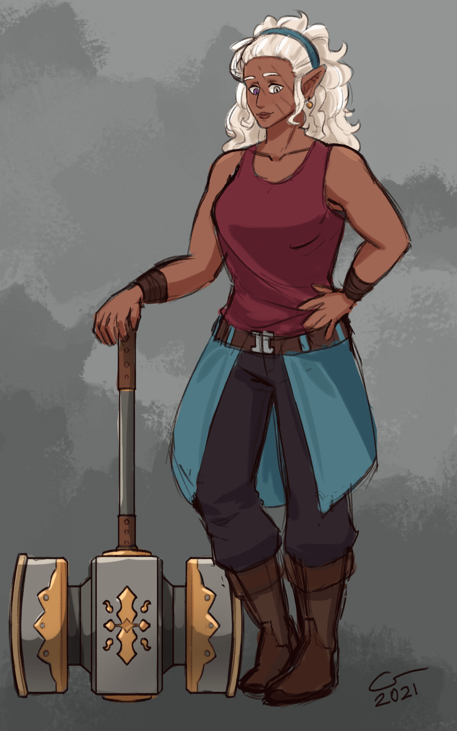 Colored Sketch of Vivian. She's leaning on a gigantic battle hammer.