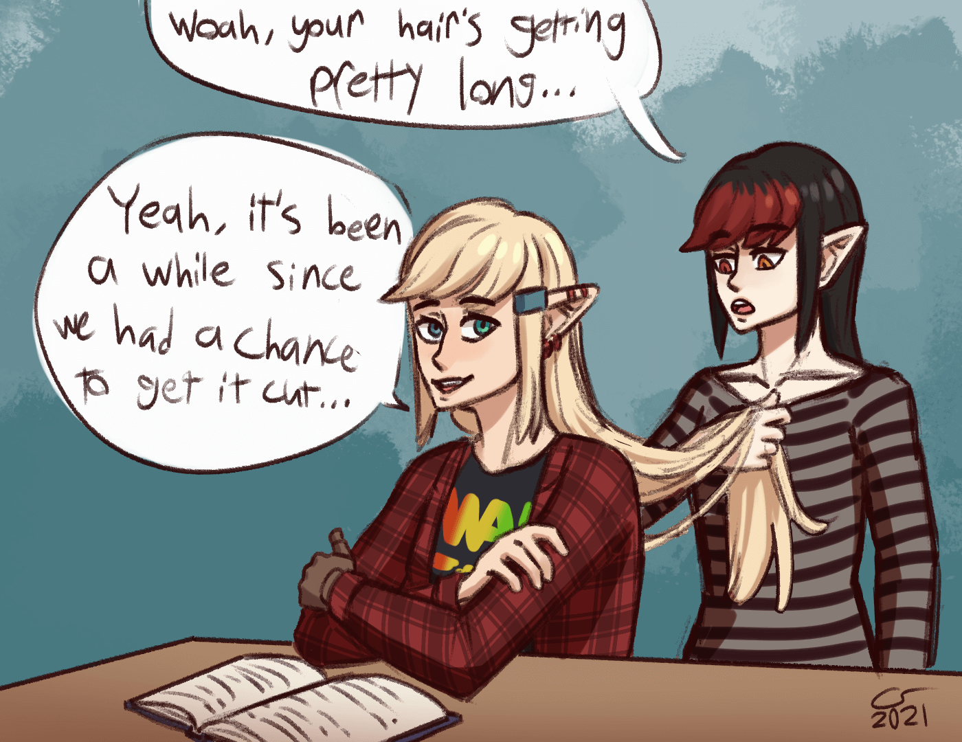 Vae, standing behind Caelle and holding a handful of her hair, remarks 'woah, your hair's getting pretty long...' Caelle replies 'Yeah, it's been a while since we had a chance to get it cut...'