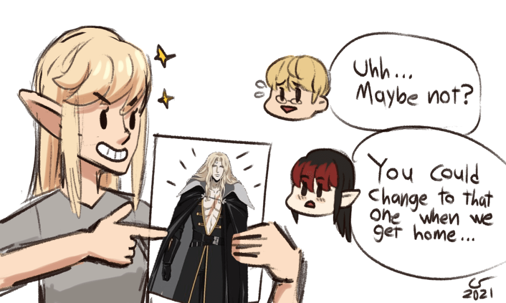 sketch of Caelle smiling and pointing to a jpg of Alucard's outfit from one of the later seasons of Castlevania, which has most of his chest exposed. Isaac, sweating, says 'uhh, maybe not?' Vae, blushing, says 'you could change to that one when we get home...'