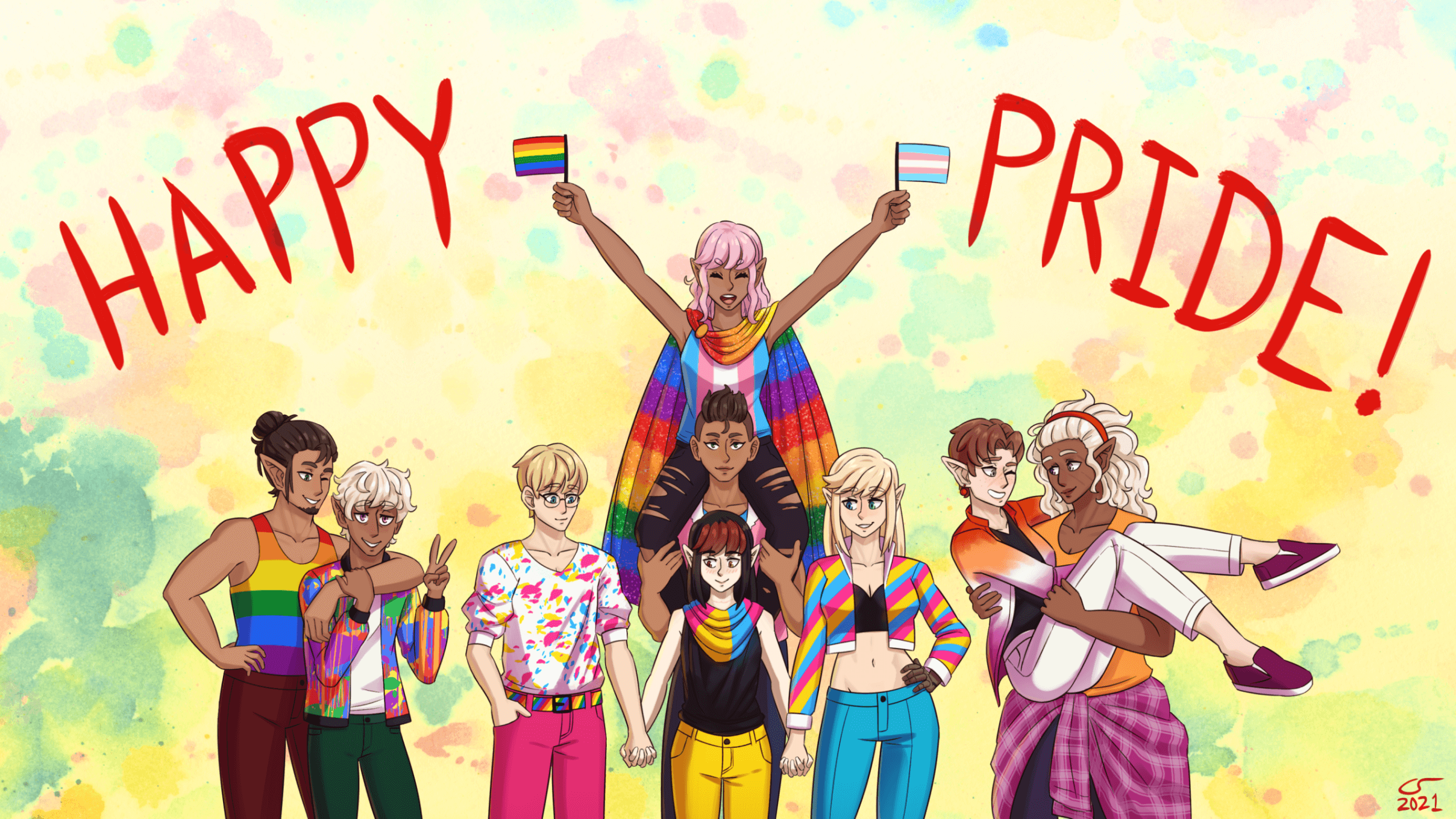 Illustration of Dulaen, Cosmo, Isaac, Vae, Caelle, Shen, Priscilla, Hae'lia and Vivian posed together in colorful, pride-themed outfits. Dulaen has his arm around Cosmo, Vivian is cradling Hae'lia in her arms, Isaac, Vae, and Caelle are holding hands, and Priscilla is Carrying Shen on her shoulders. Large text across the background reads 'Happy Pride!'