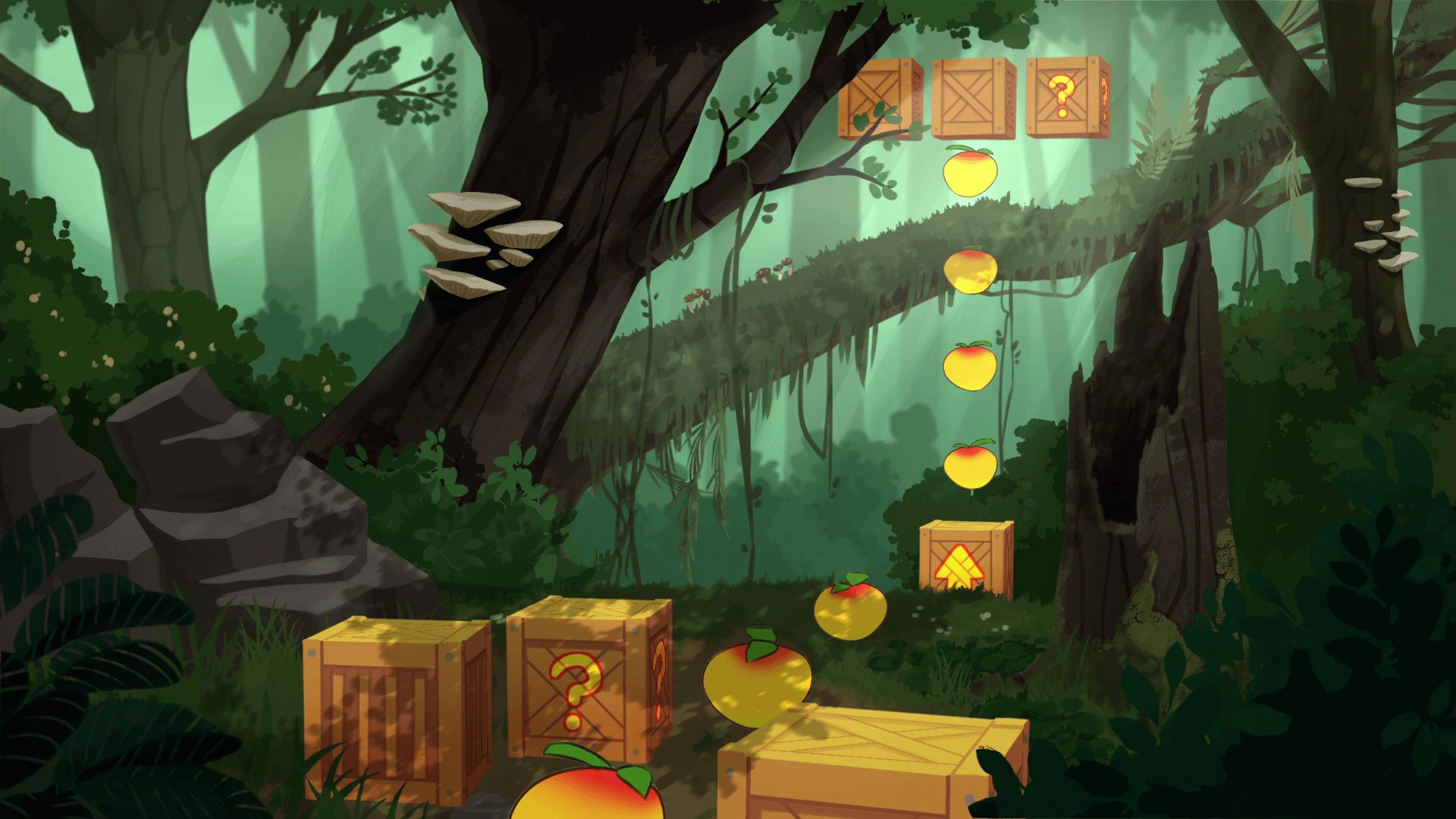 Illustration of a forest filled with fruits and crates from Crash Bandicoot