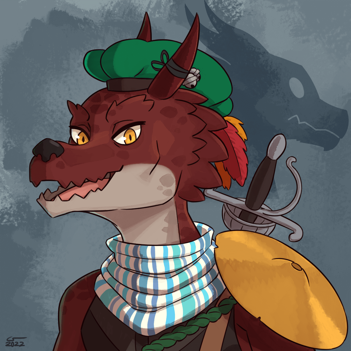 Portrait of a Kobold wearing one of those funny puffy bard hats. They're wearing a large cymbal as a pauldron, and carrying a rapier on their back.