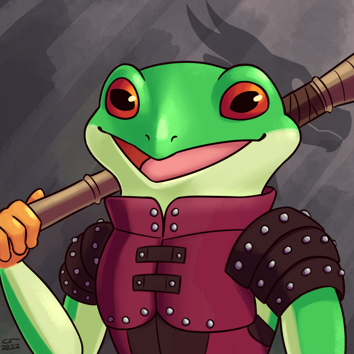 Portrait of a frog person in studded leather armor, wielding a quarterstaff.