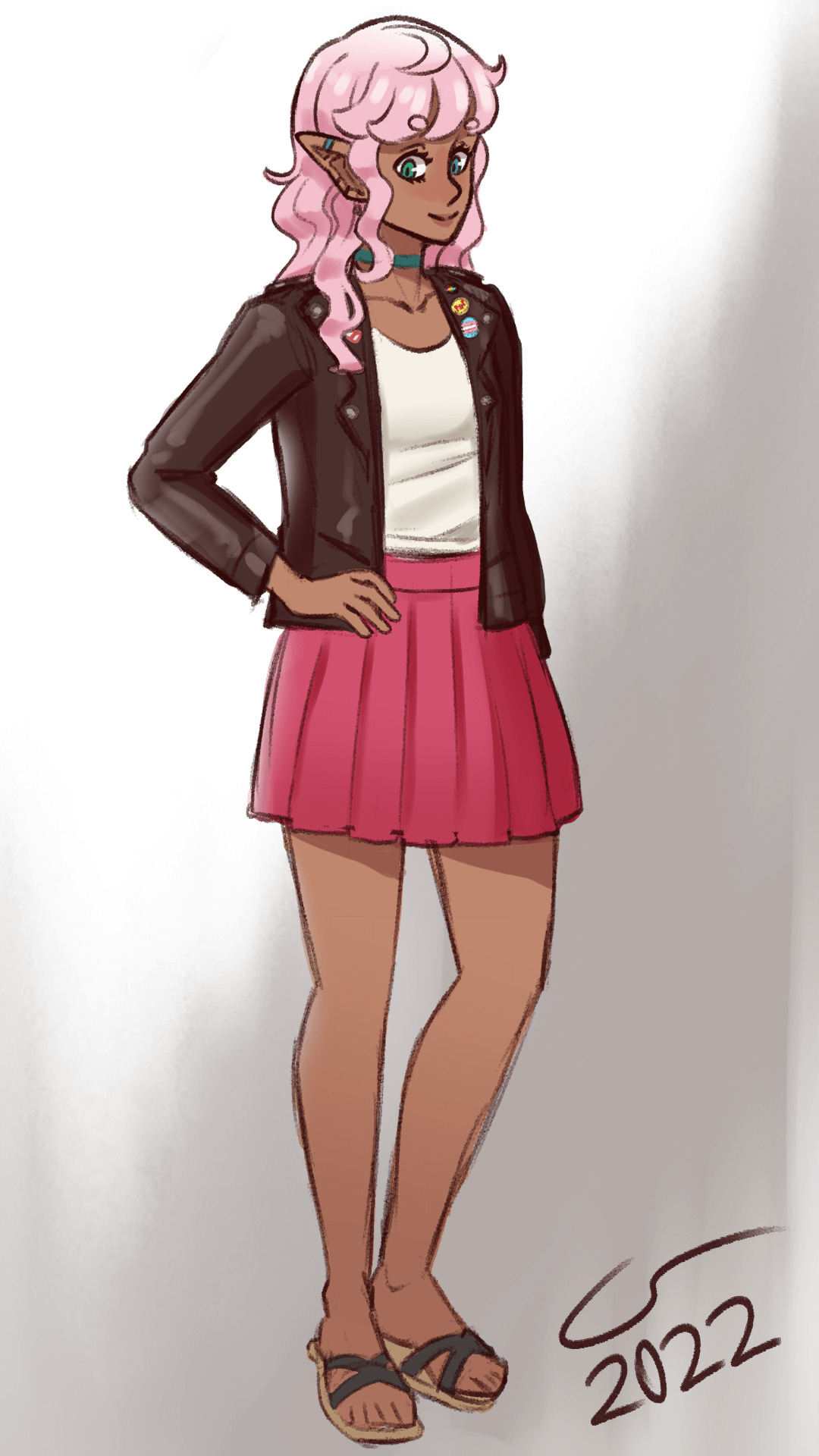 Full-body colored sketch of Shen wearing a pink skirt and a dark-brown leather jacket.