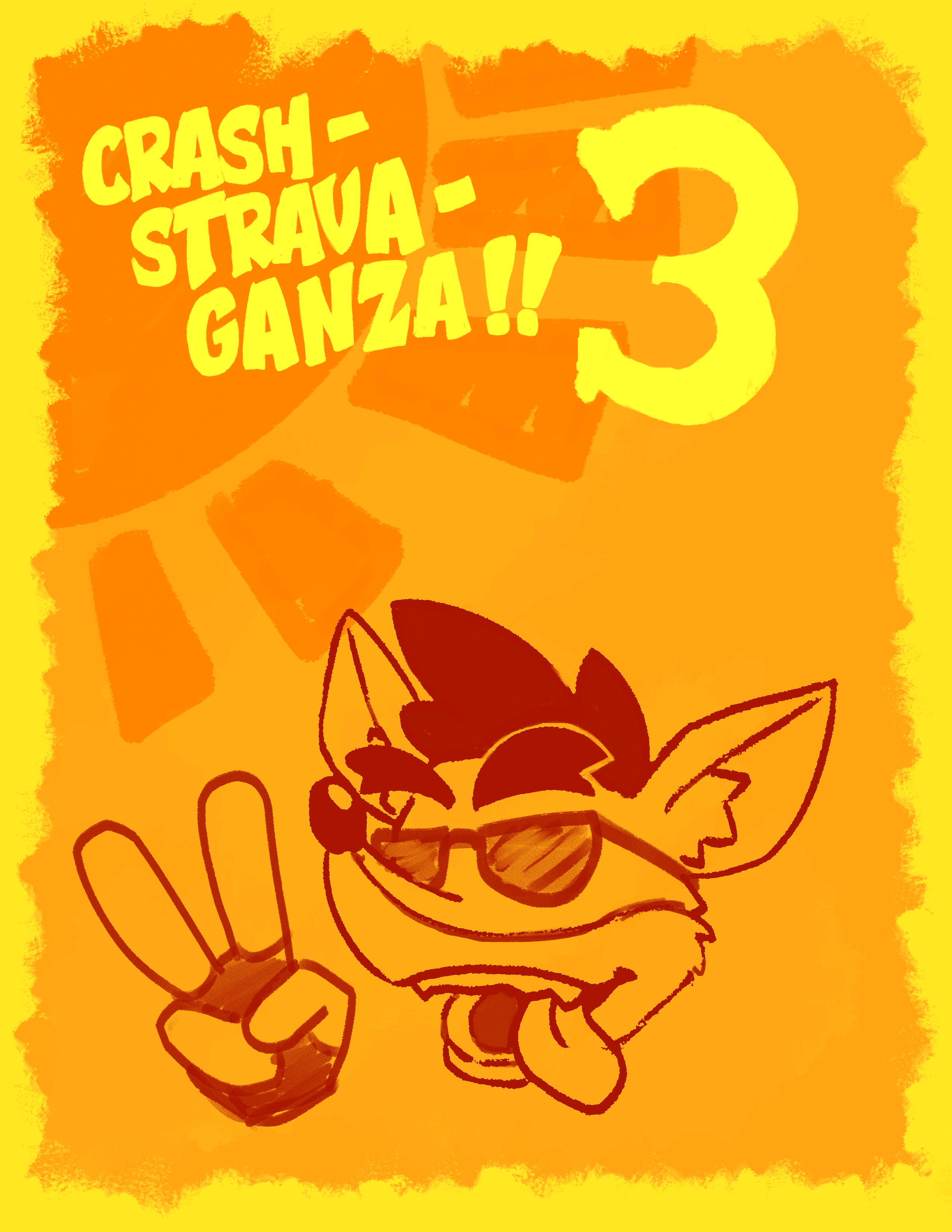 Flyer advertising a livestream titled 'CRASHSTRAVAGANZA 3'. There's a drawing on it of Crash Bandicoot wearing sunglasses and doing the peace sign gesture.