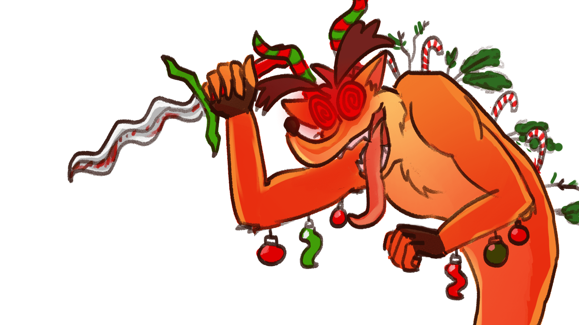 PNGtuber of Crash Bandicoot as a demonic krampus, mouth open.