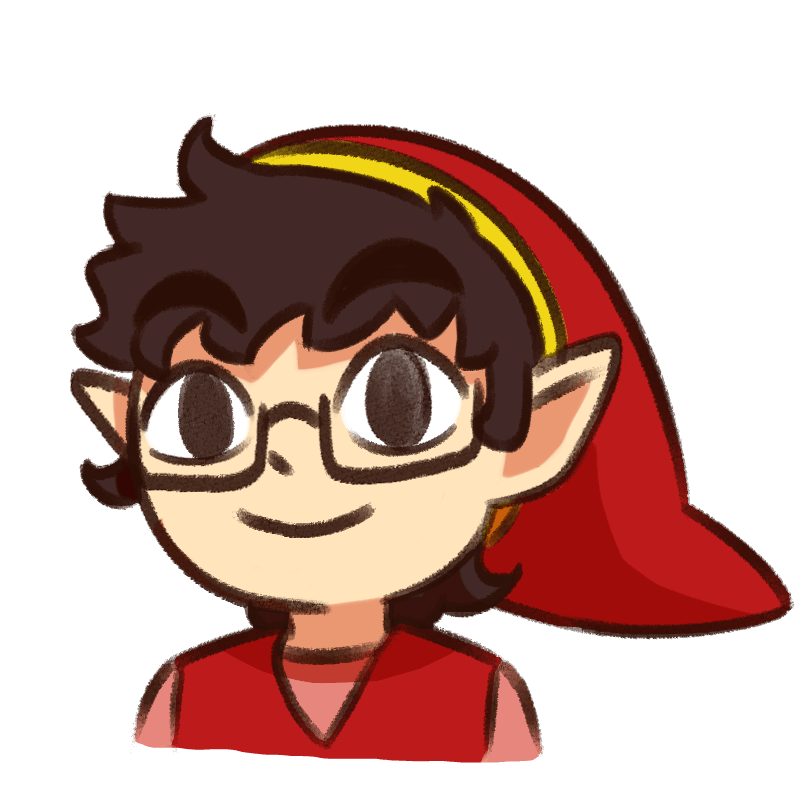 PNGtuber of a man with glasses, dressed in a red Link costume (as in link from Legend of Zelda). Mouth closed.